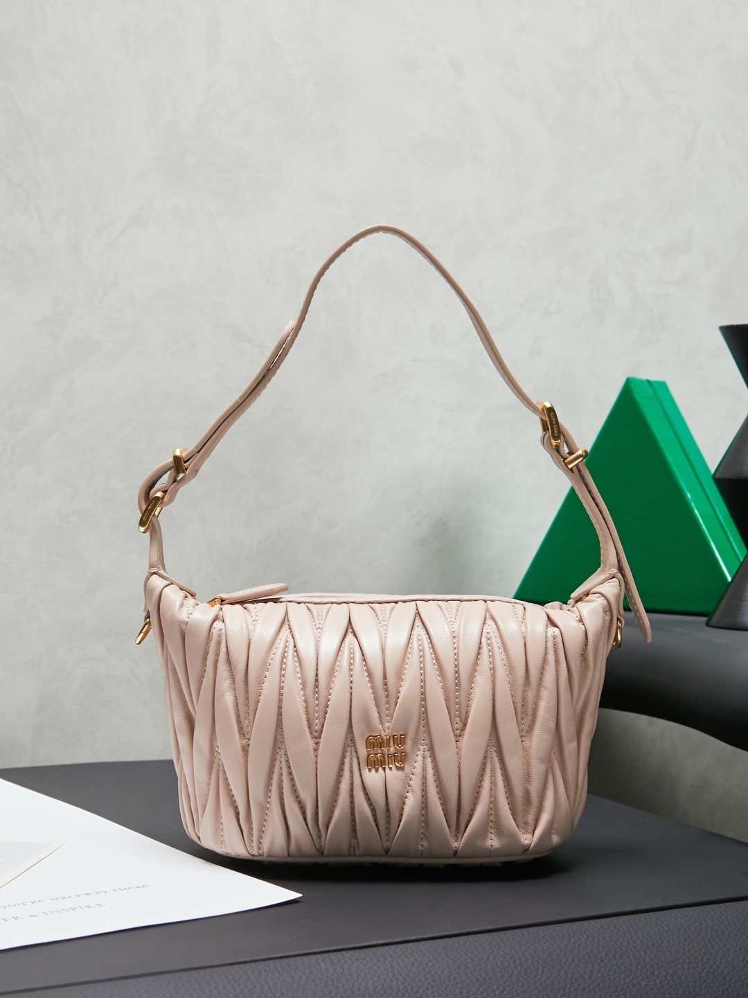 Miu Miu nude matelassé mini shoulder bag with gold logo