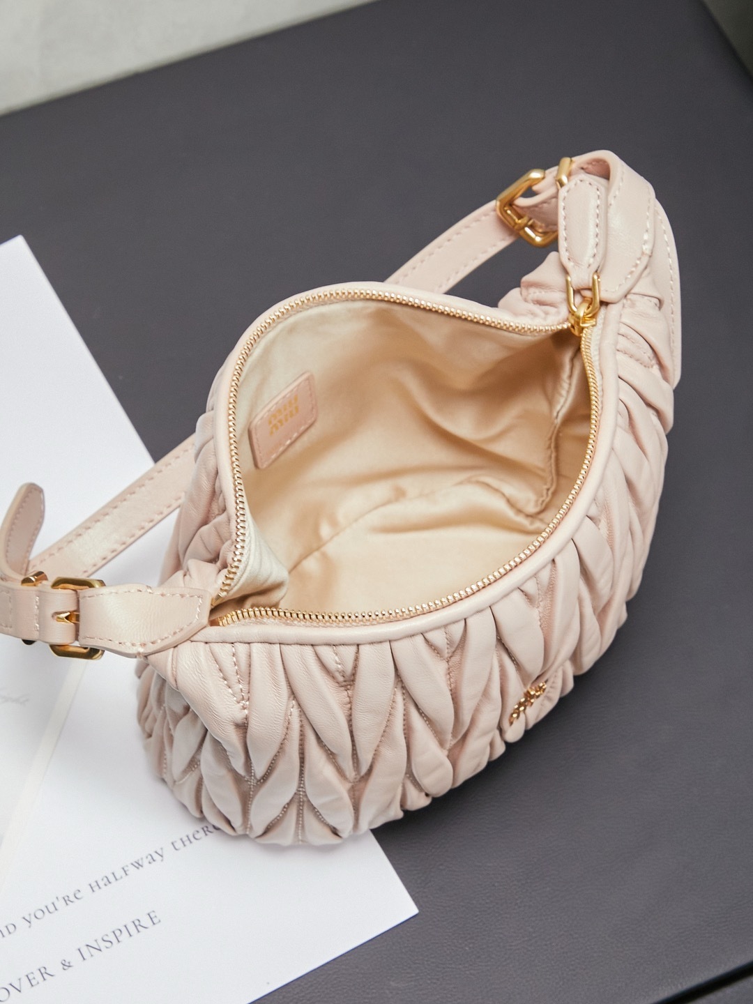 Miu Miu nude matelassé mini shoulder bag with gold logo