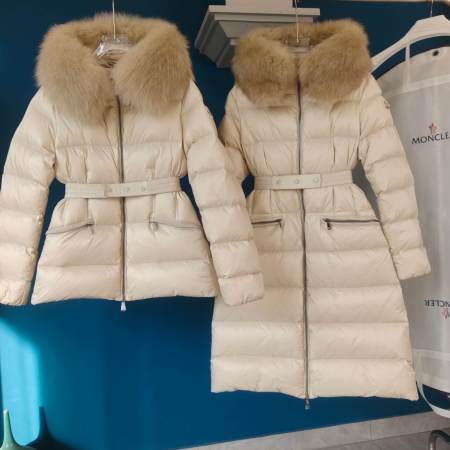 Moncler Longline Down Jacket with Fur-Trimmed Hood in Ivory