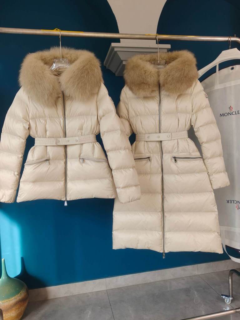 Moncler Longline Down Jacket with Fur-Trimmed Hood in Ivory