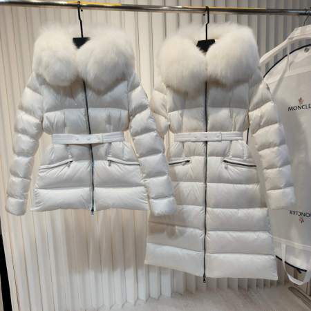 Moncler down jacket with a fur-trimmed hood and belted waist in off-white colorway