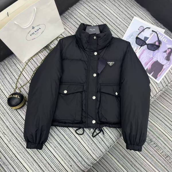 Prada Re-Nylon Cropped Down Womens Jacket in Black.