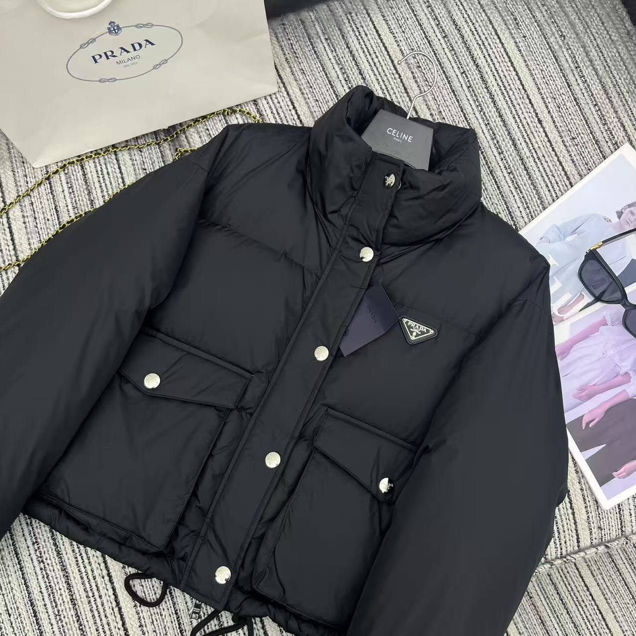 Prada Re-Nylon Cropped Down Womens Jacket in Black. - Image 3