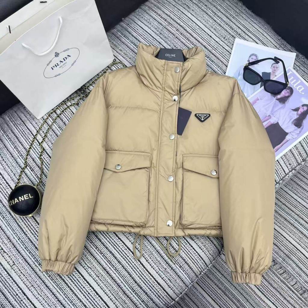 Prada Re-Nylon Cropped Down Jacket in Camel