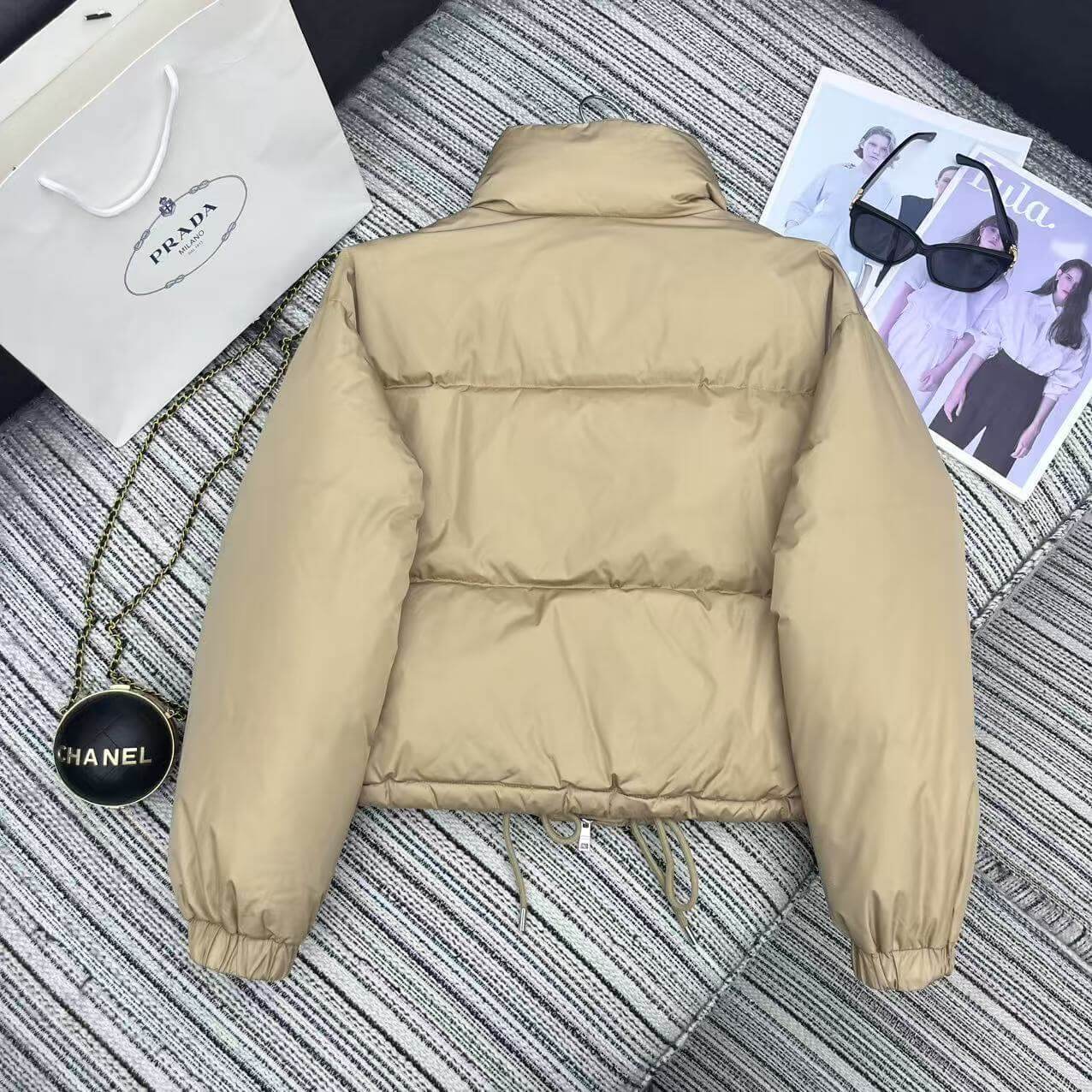 Prada Re-Nylon Cropped Down Jacket in Camel - Image 3