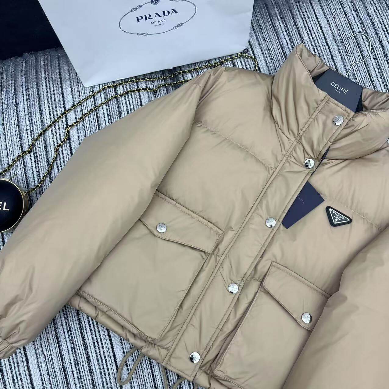 Prada Re-Nylon Cropped Down Jacket in Camel - Image 4