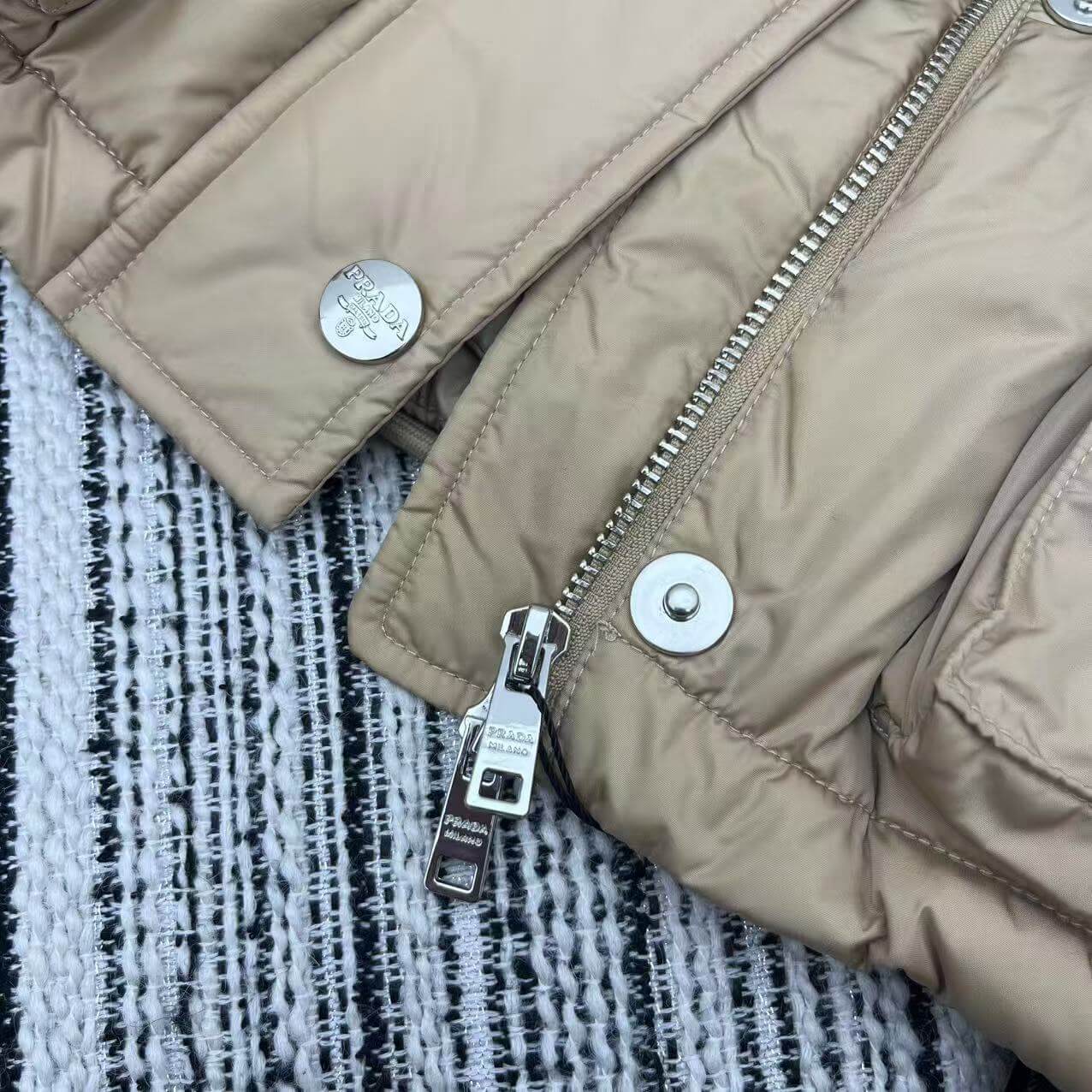 Prada Re-Nylon Cropped Down Jacket in Camel - Image 6