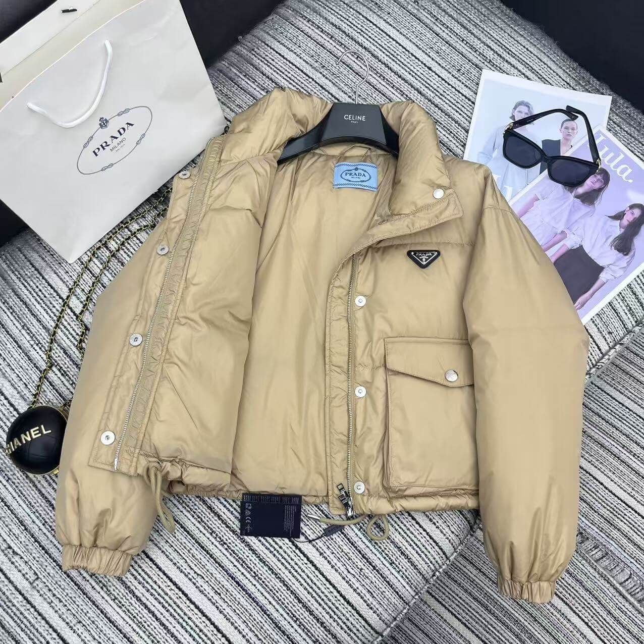 Prada Re-Nylon Cropped Down Jacket in Camel - Image 7