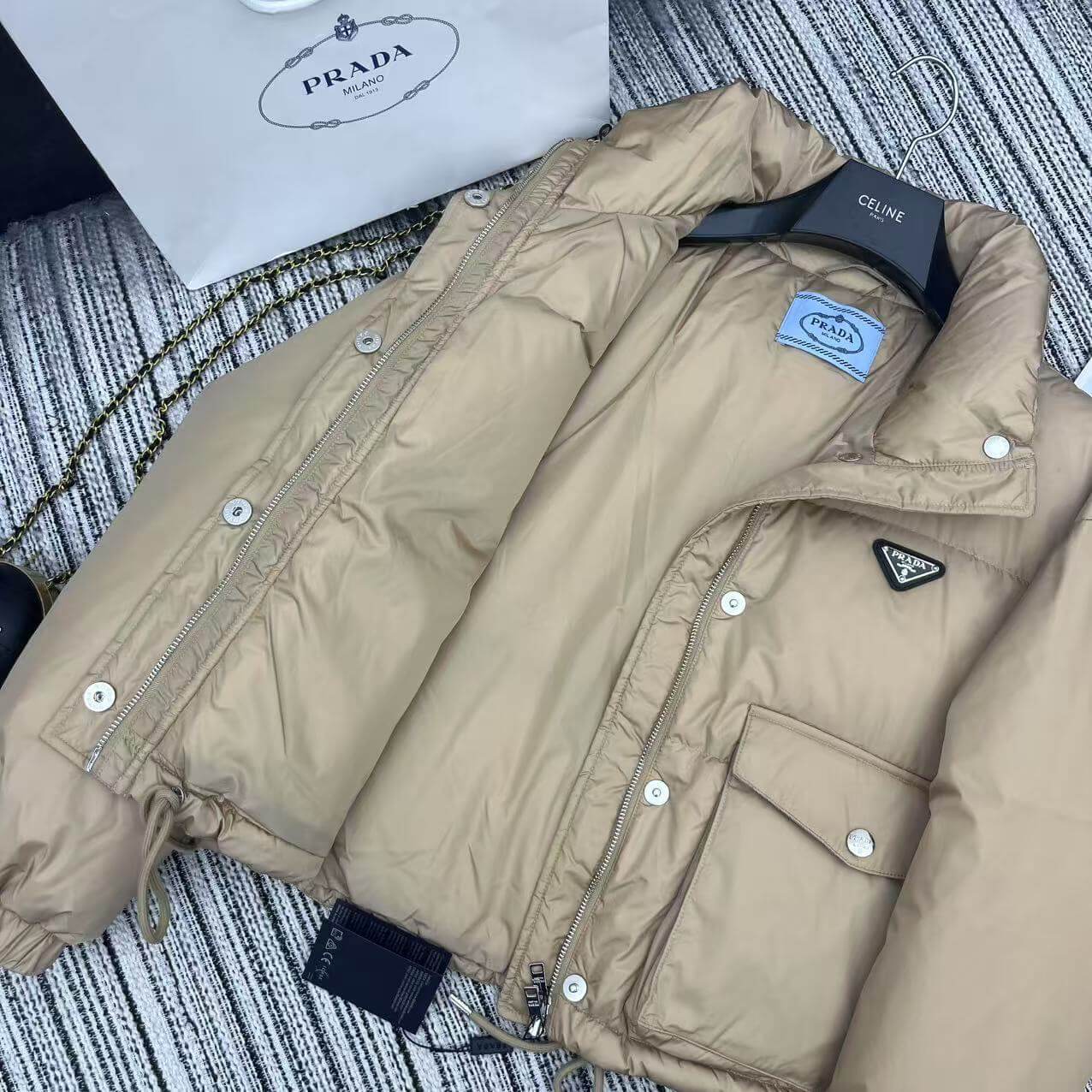 Prada Re-Nylon Cropped Down Jacket in Camel - Image 8