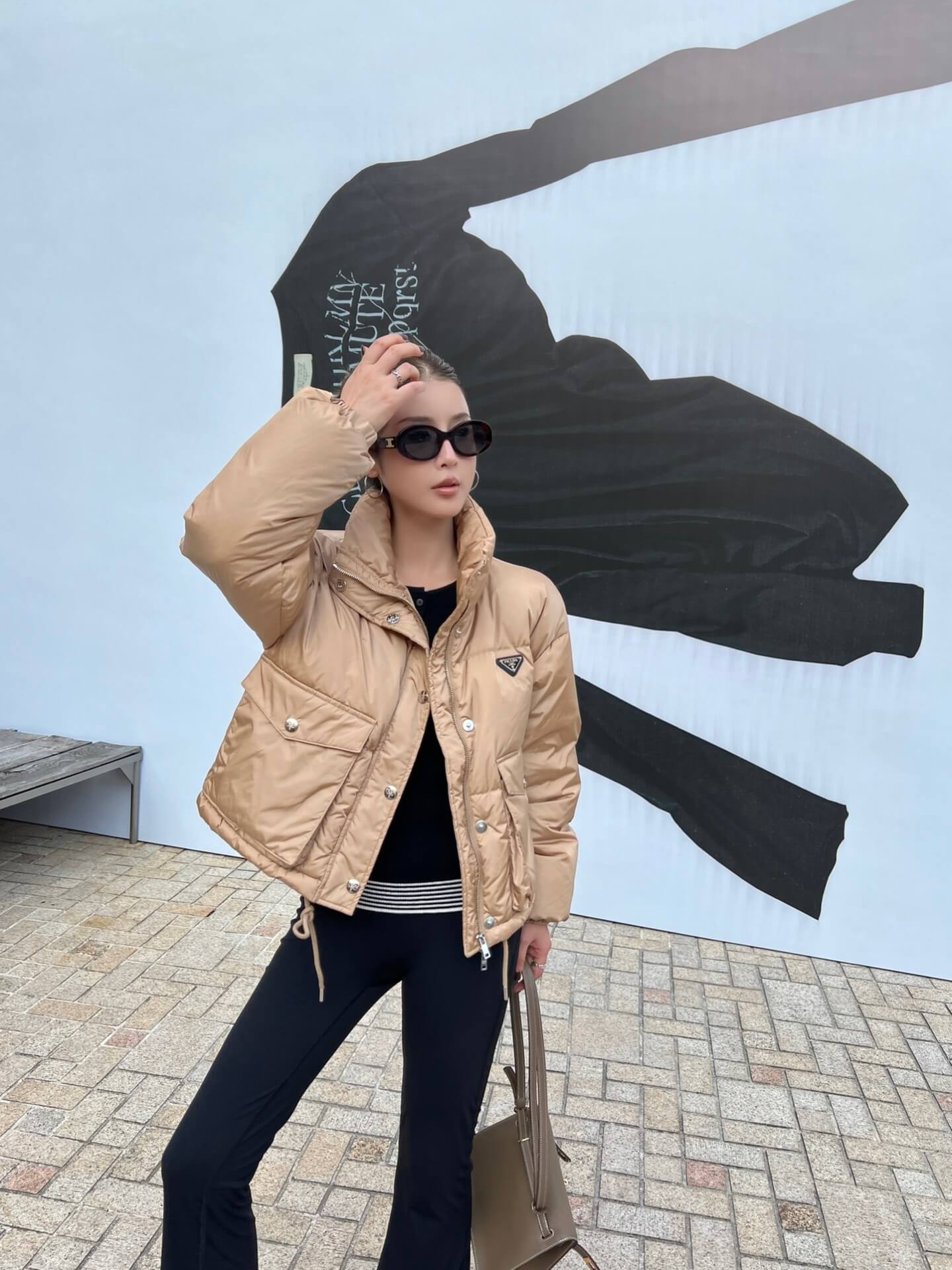 Prada Re-Nylon Cropped Down Jacket in Camel - Image 10