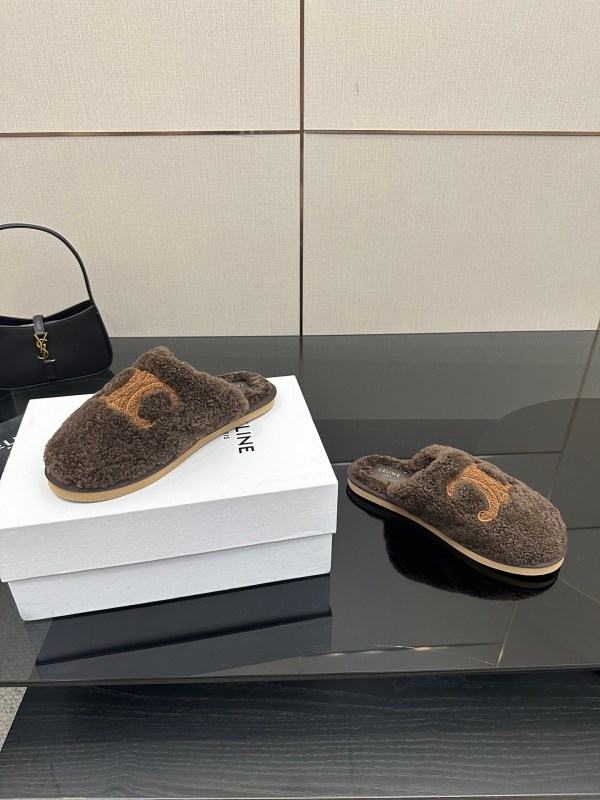 Celine Brown Triomphe Furry Slides