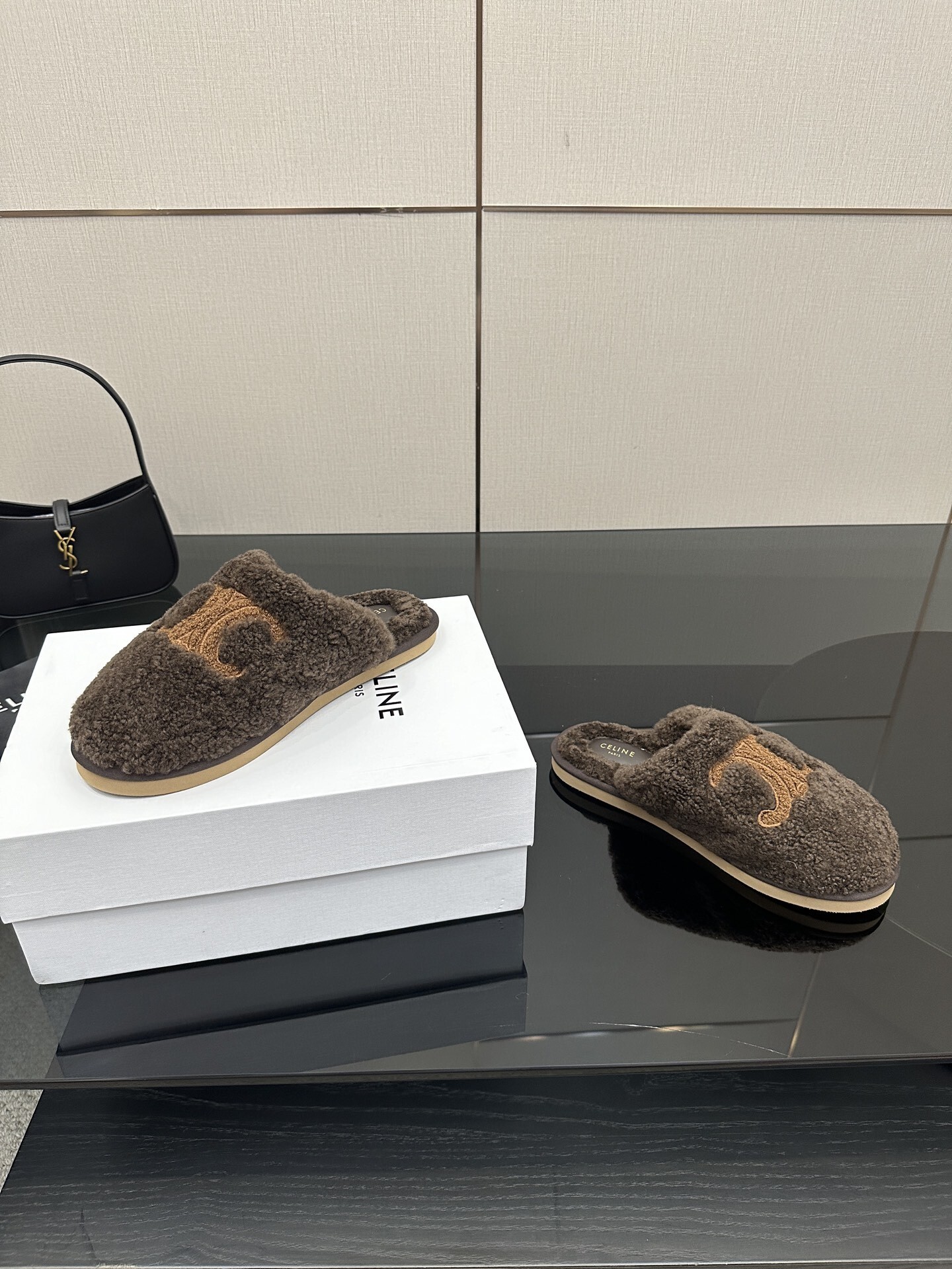 Celine Brown Triomphe Furry Slides