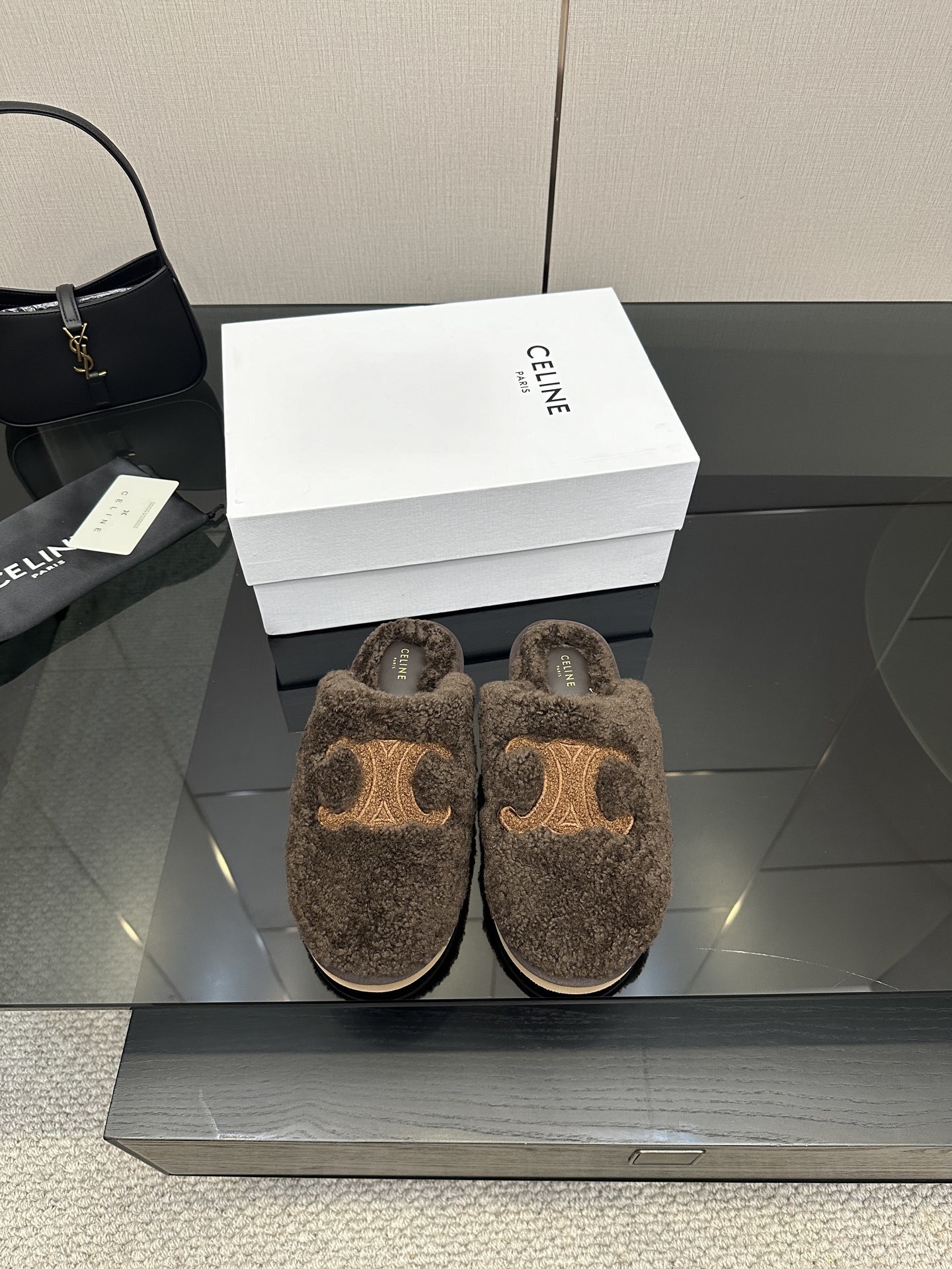 Celine Brown Triomphe Furry Slides - Image 10