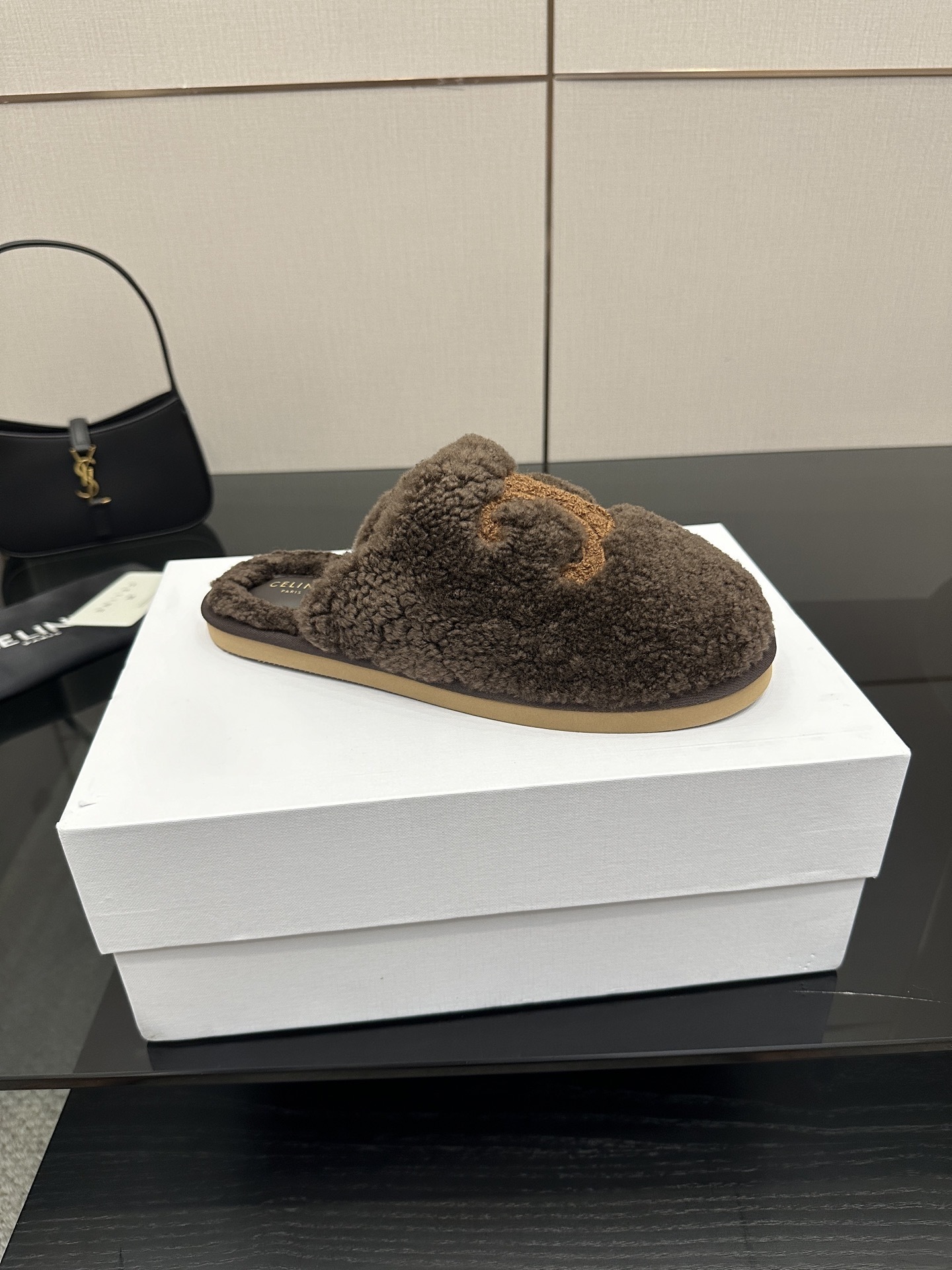 Celine Brown Triomphe Furry Slides - Image 8