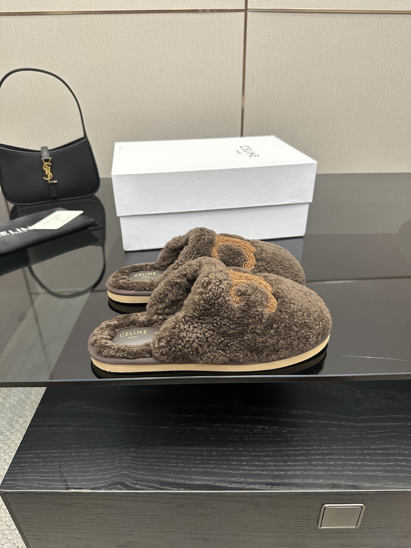 Celine Brown Triomphe Furry Slides - Image 5