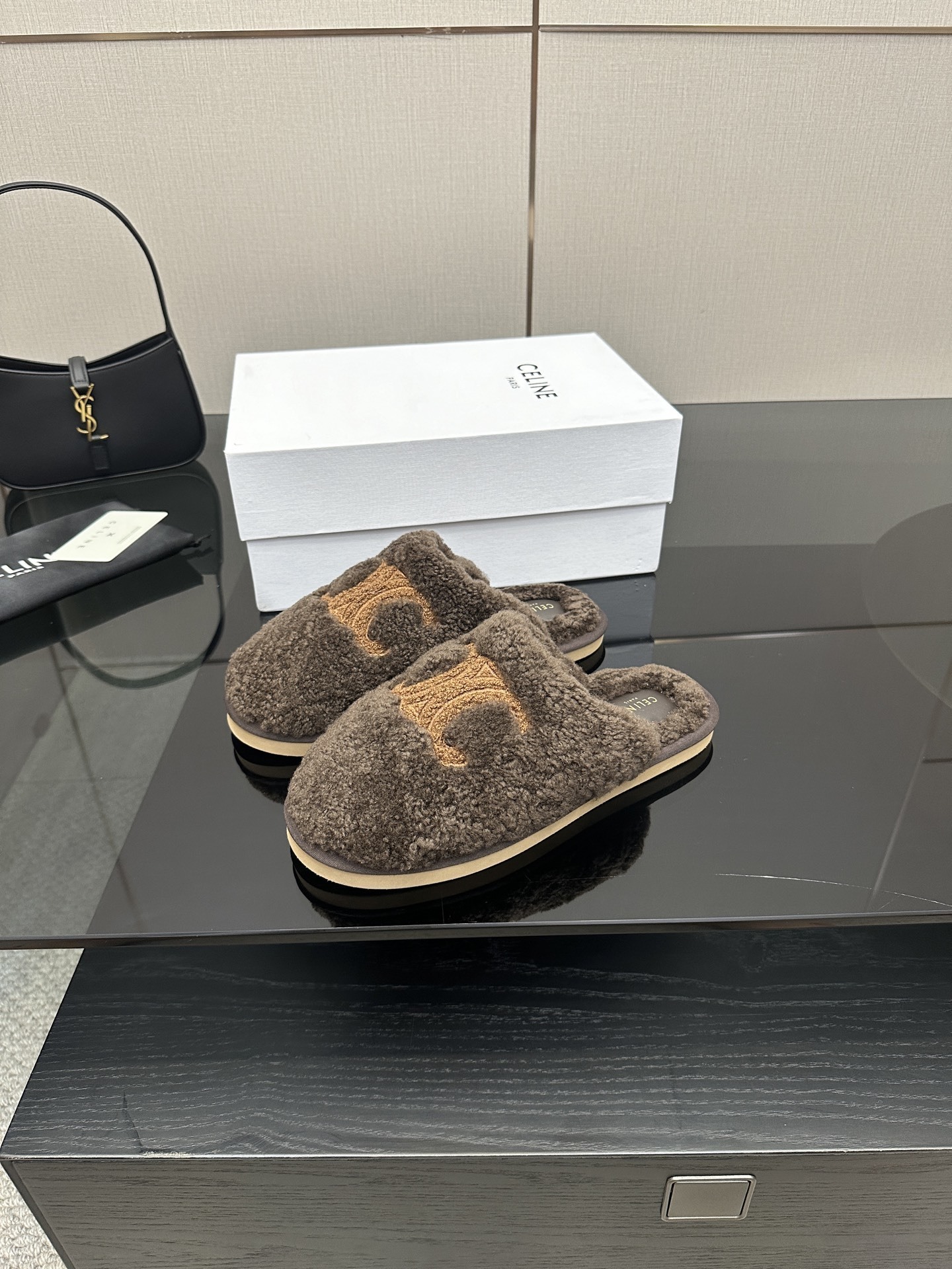 Celine Brown Triomphe Furry Slides - Image 6