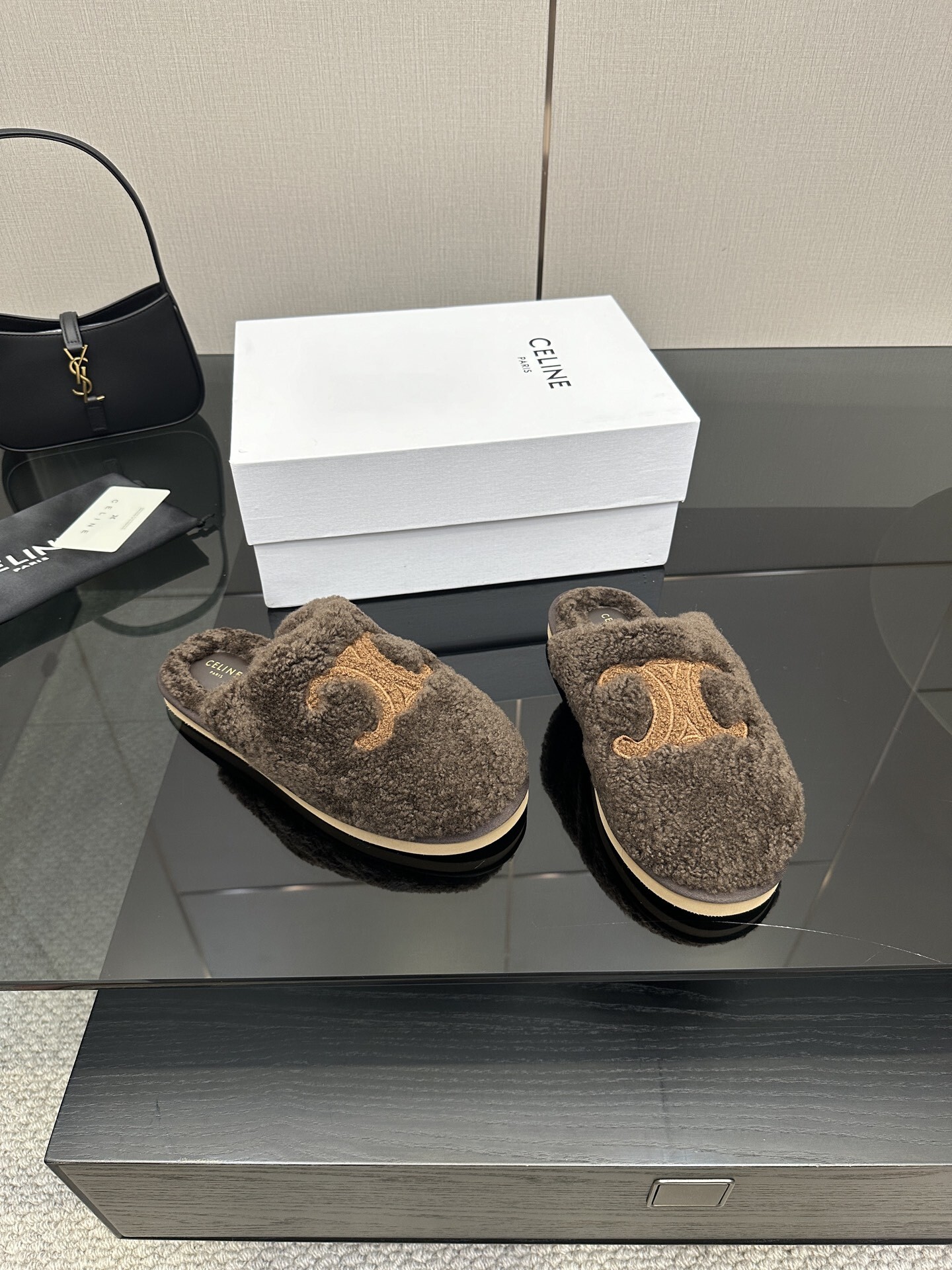 Celine Brown Triomphe Furry Slides - Image 9