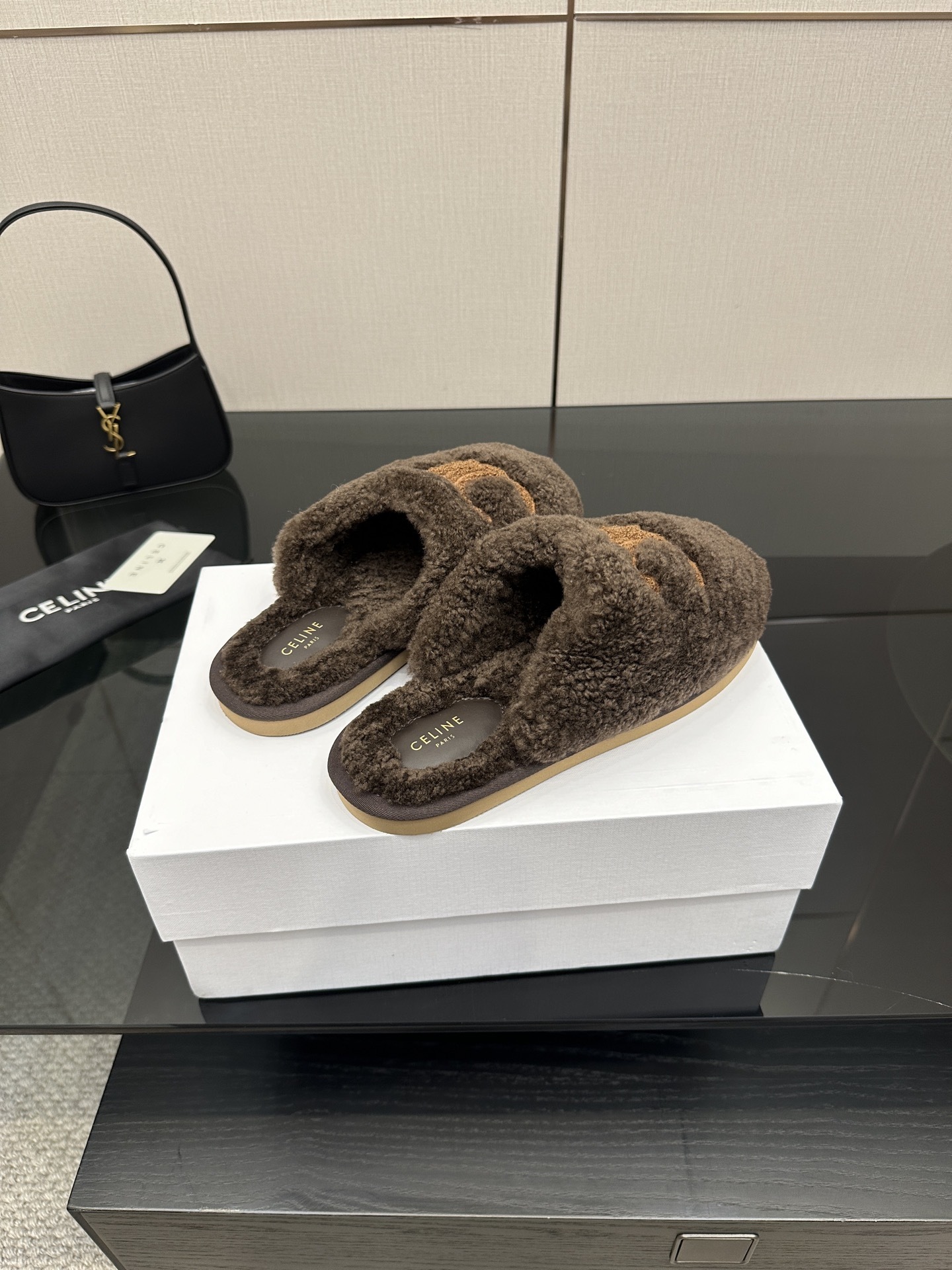 Celine Brown Triomphe Furry Slides - Image 7