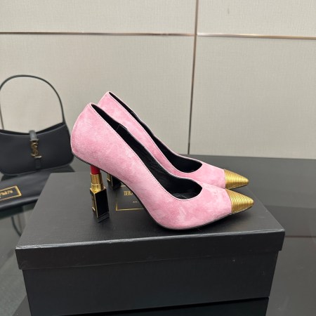 Balmain Pink with Gold-Tone Lipstick Suede Heels