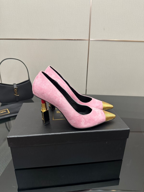 Balmain Pink with Gold-Tone Lipstick Suede Heels