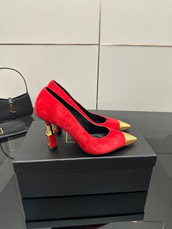 Balmain Red with Gold-Tone Detailing Suede Heels
