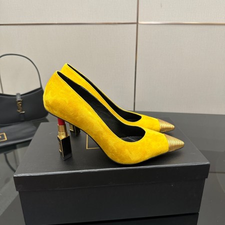 Balmain Yellow with Gold-Tone Lipstick Suede Heels