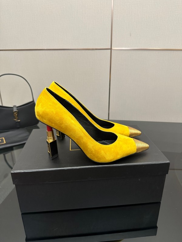 Balmain Yellow with Gold-Tone Lipstick Suede Heels