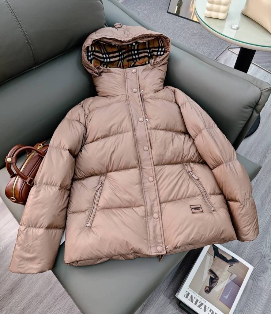 Burberry Hooded Quilted Down Jacket in Beige