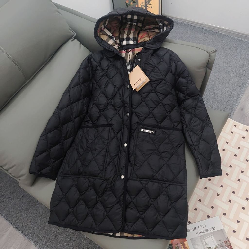 Burberry Quilted Long Jacket with a Hood in Black.