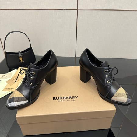 Burberry Vintage Check Cap-Toe Black Leather Lace-Up Pumps