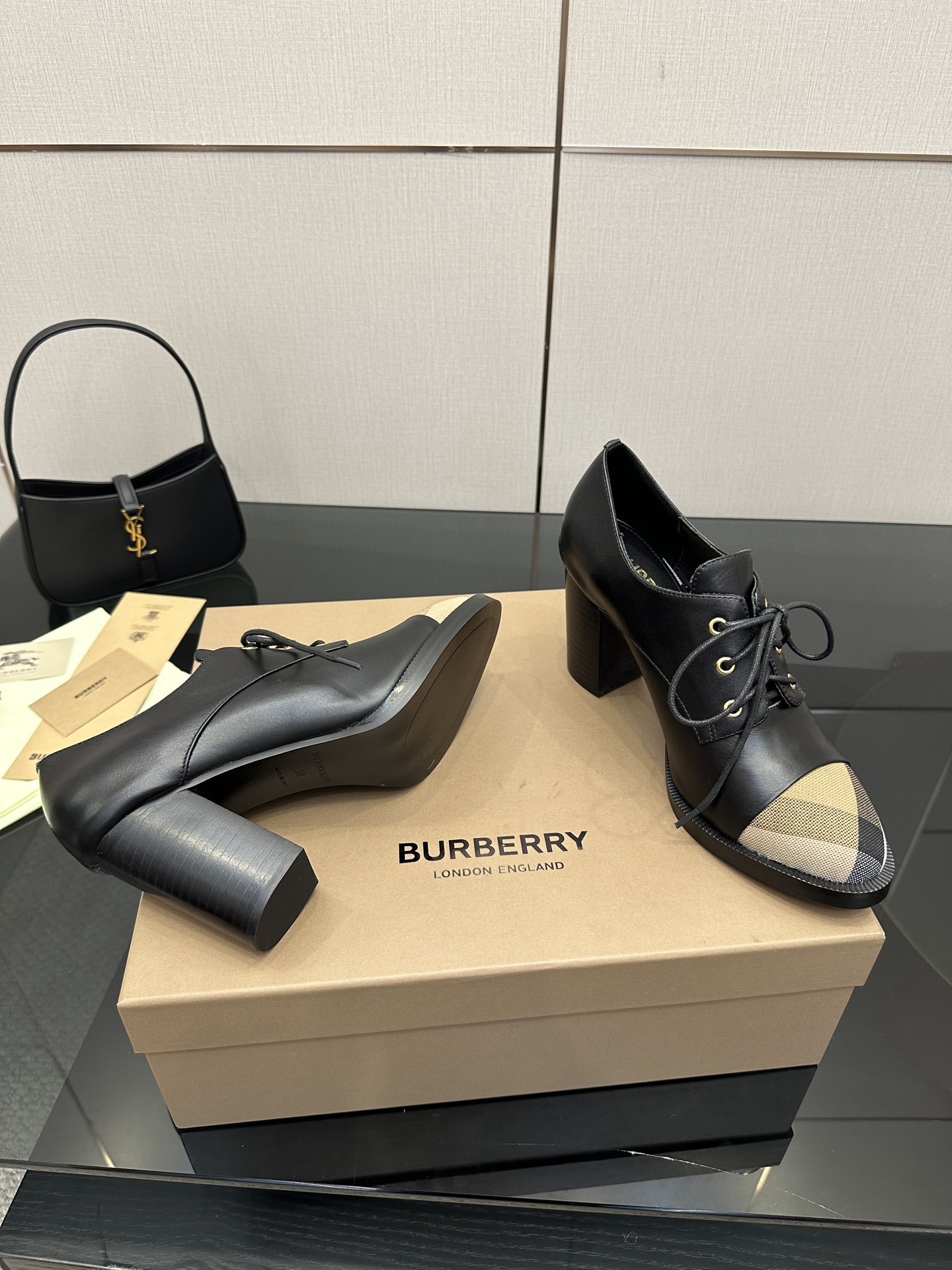 Burberry Vintage Check Cap-Toe Black Leather Lace-Up Pumps - Image 3