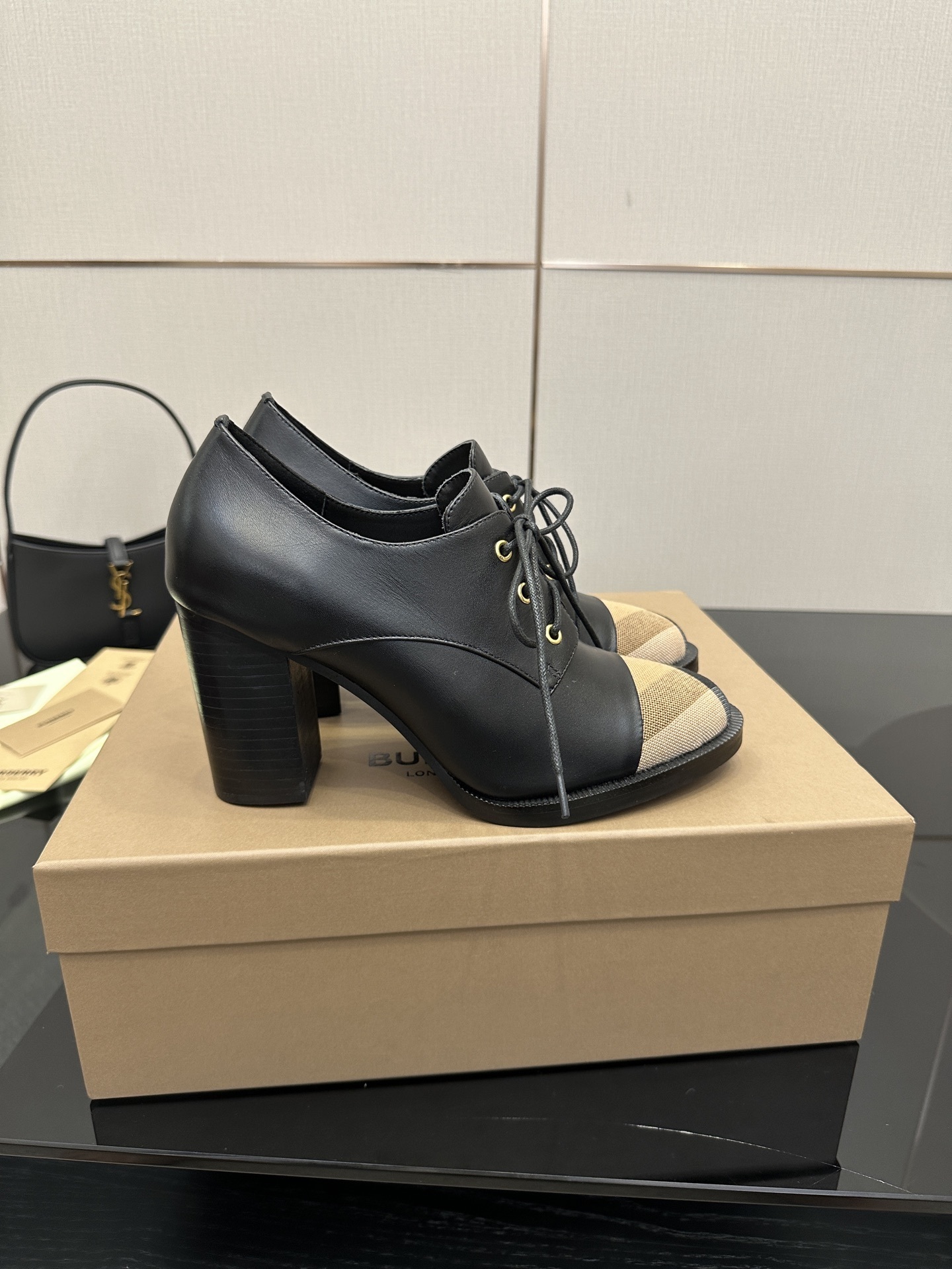 Burberry Vintage Check Cap-Toe Black Leather Lace-Up Pumps - Image 4