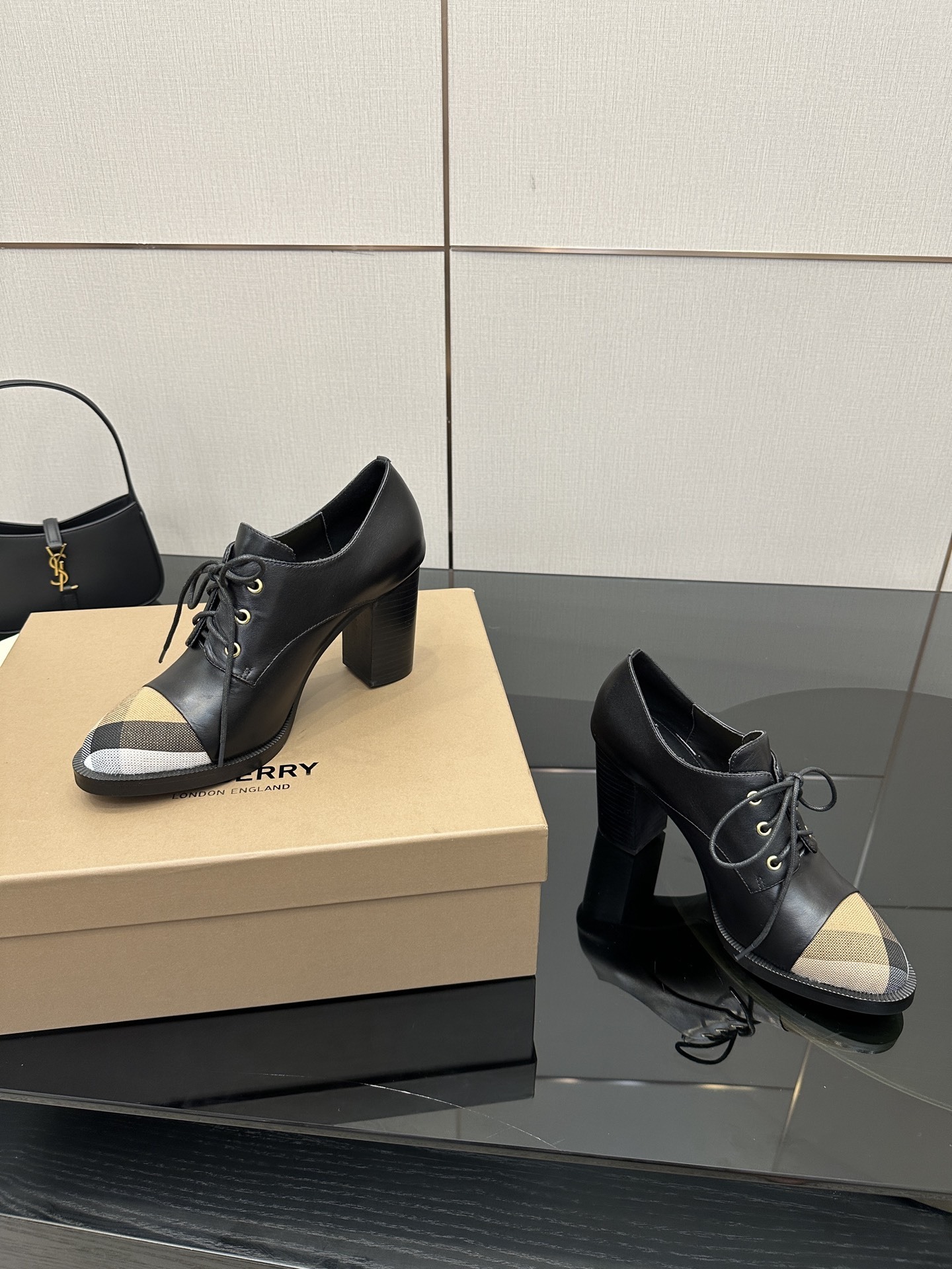 Burberry Vintage Check Cap-Toe Black Leather Lace-Up Pumps - Image 7