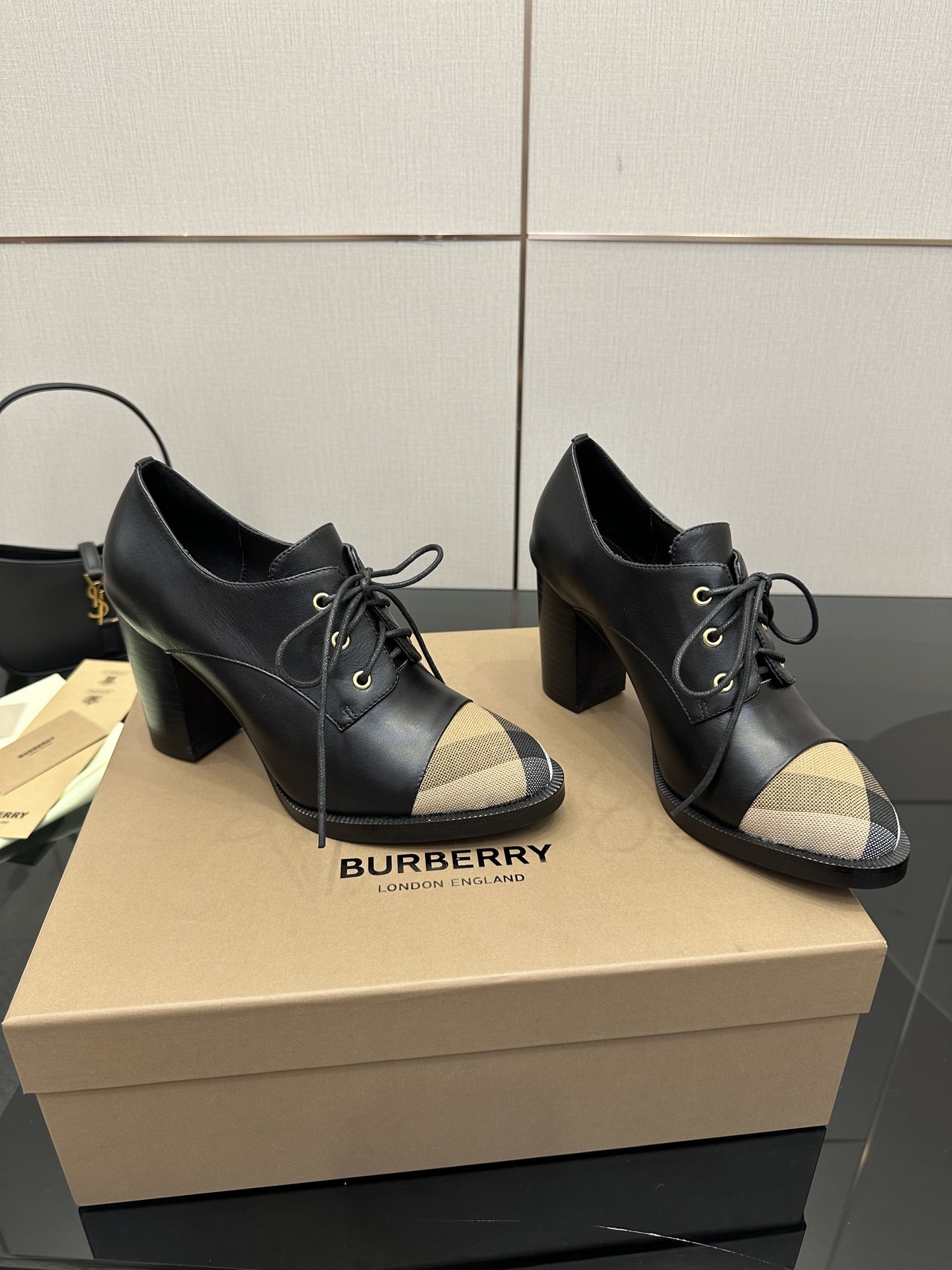 Burberry Vintage Check Cap-Toe Black Leather Lace-Up Pumps - Image 8