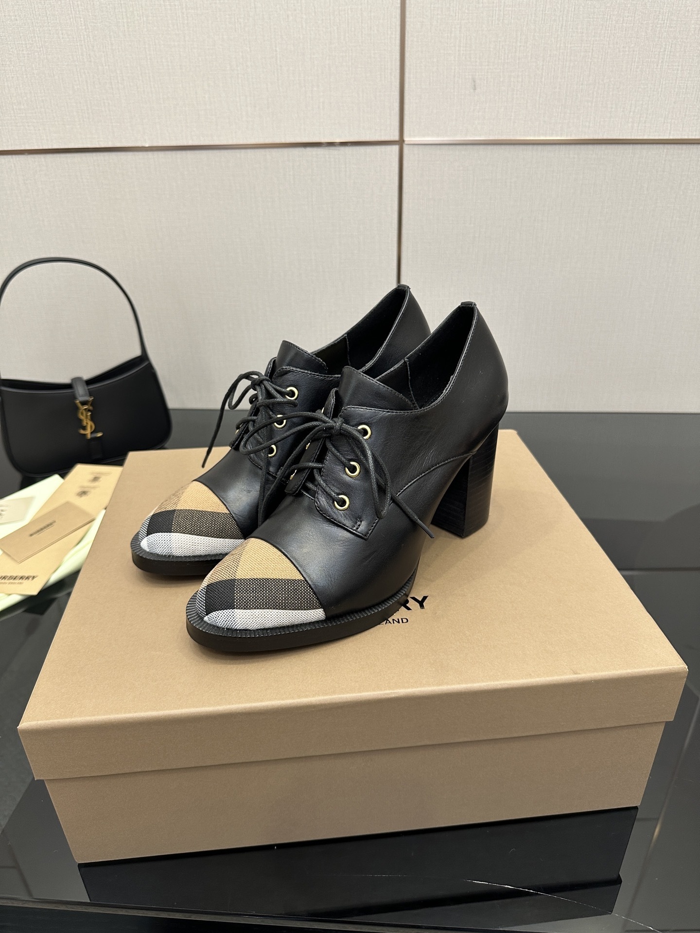 Burberry Vintage Check Cap-Toe Black Leather Lace-Up Pumps - Image 9