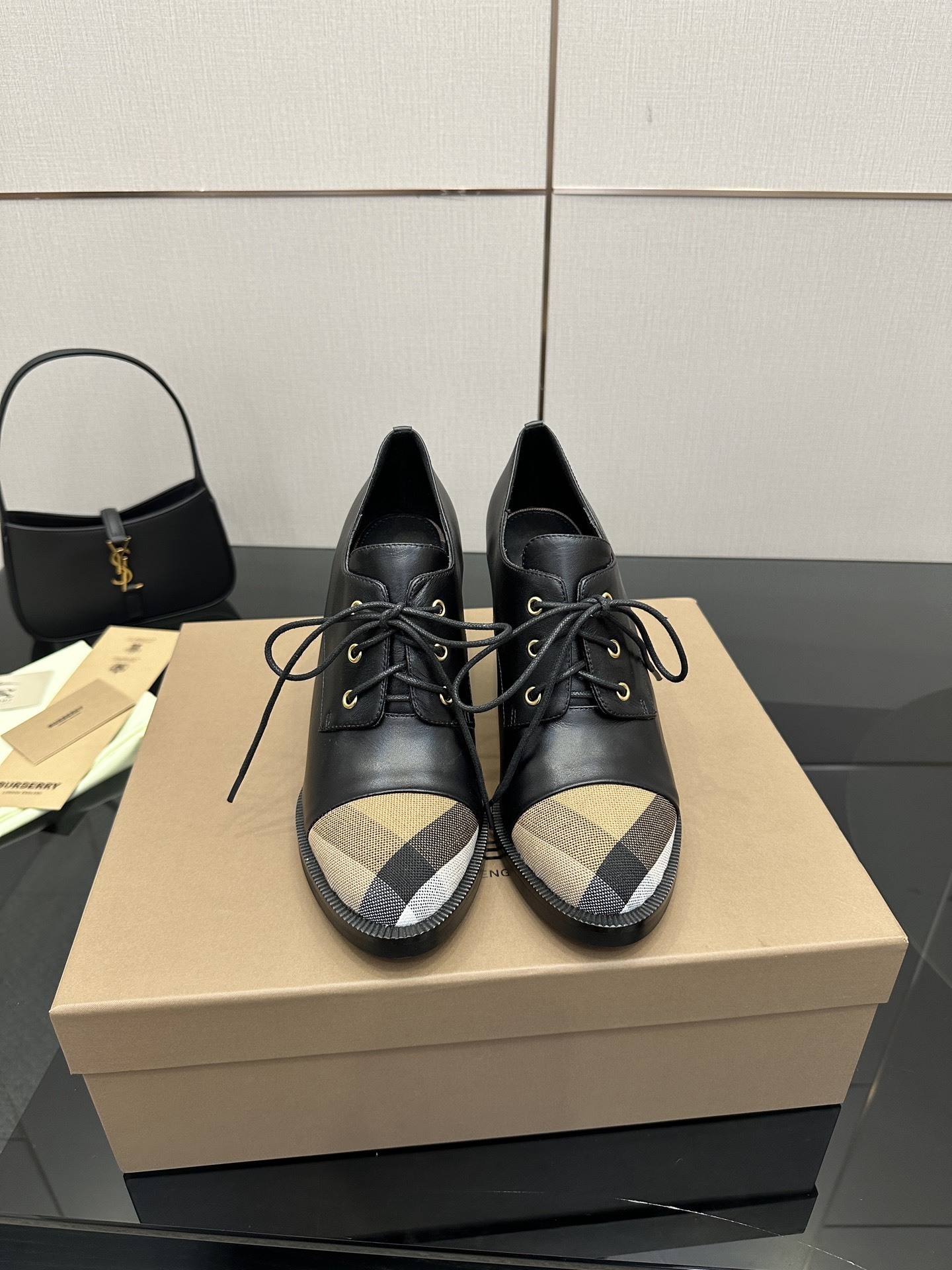 Burberry Vintage Check Cap-Toe Black Leather Lace-Up Pumps - Image 10
