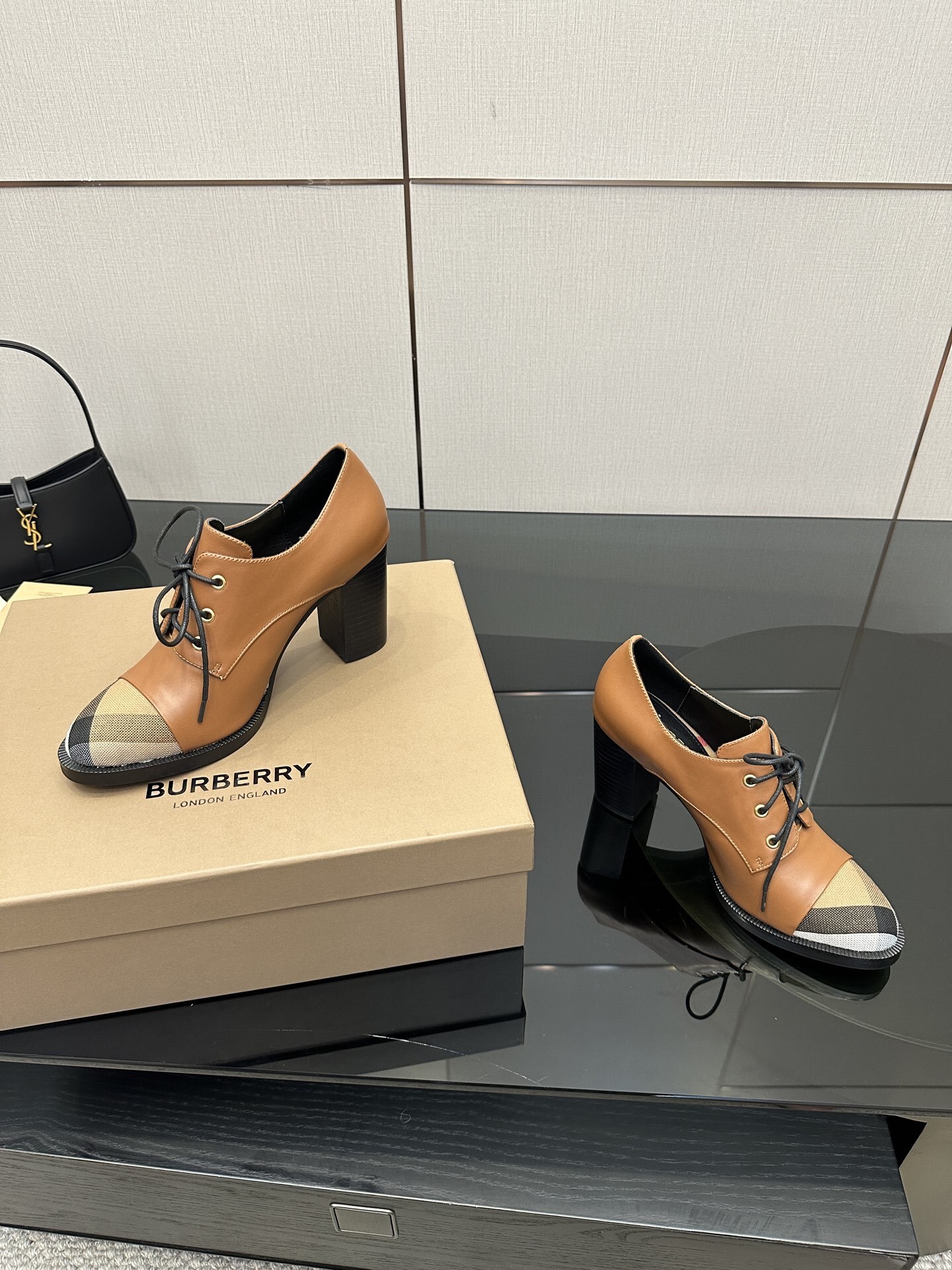 Burberry Vintage Check Cap-Toe Brown Leather Lace-Up Pumps - Image 2