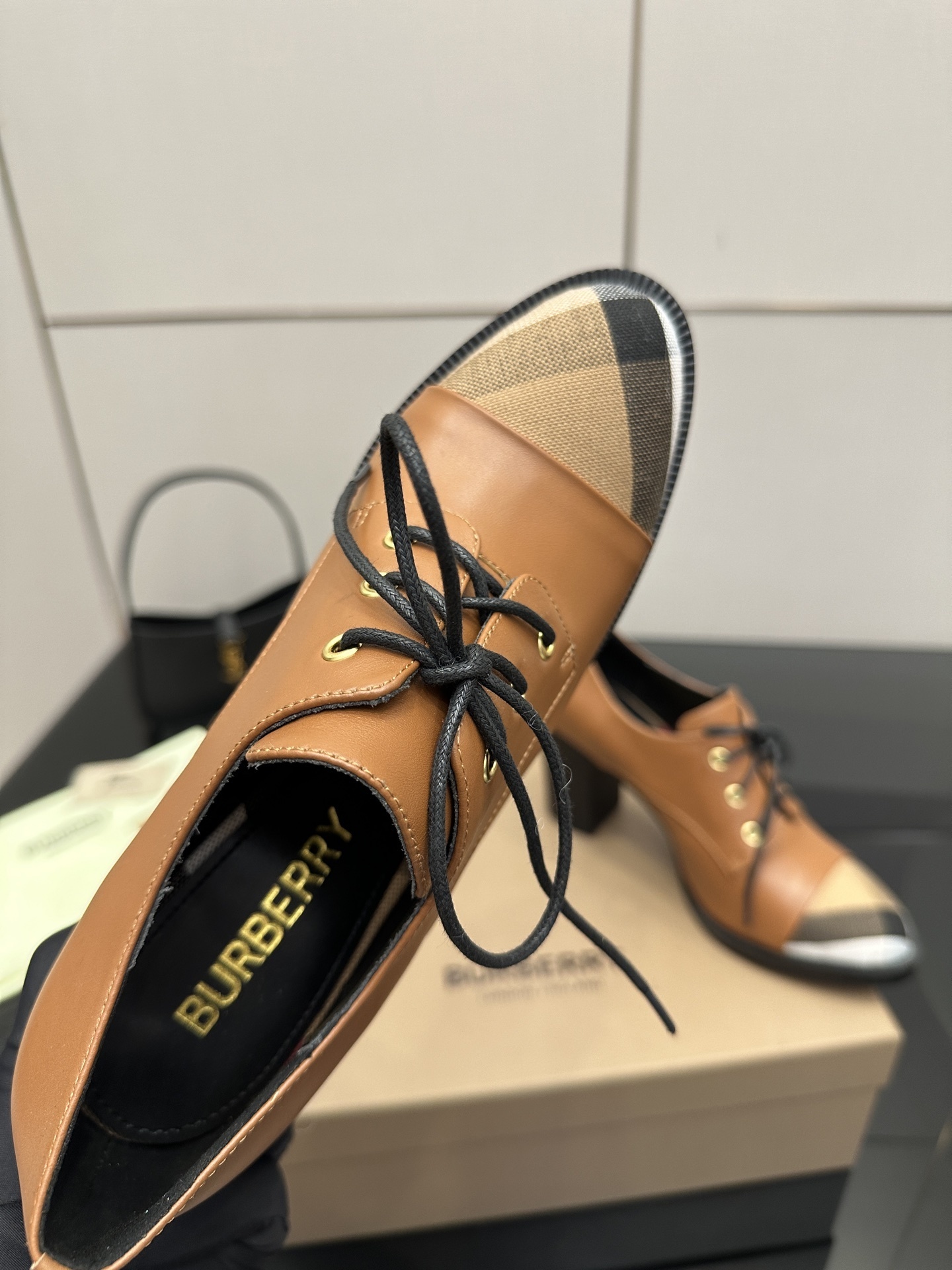 Burberry Vintage Check Cap-Toe Brown Leather Lace-Up Pumps - Image 3