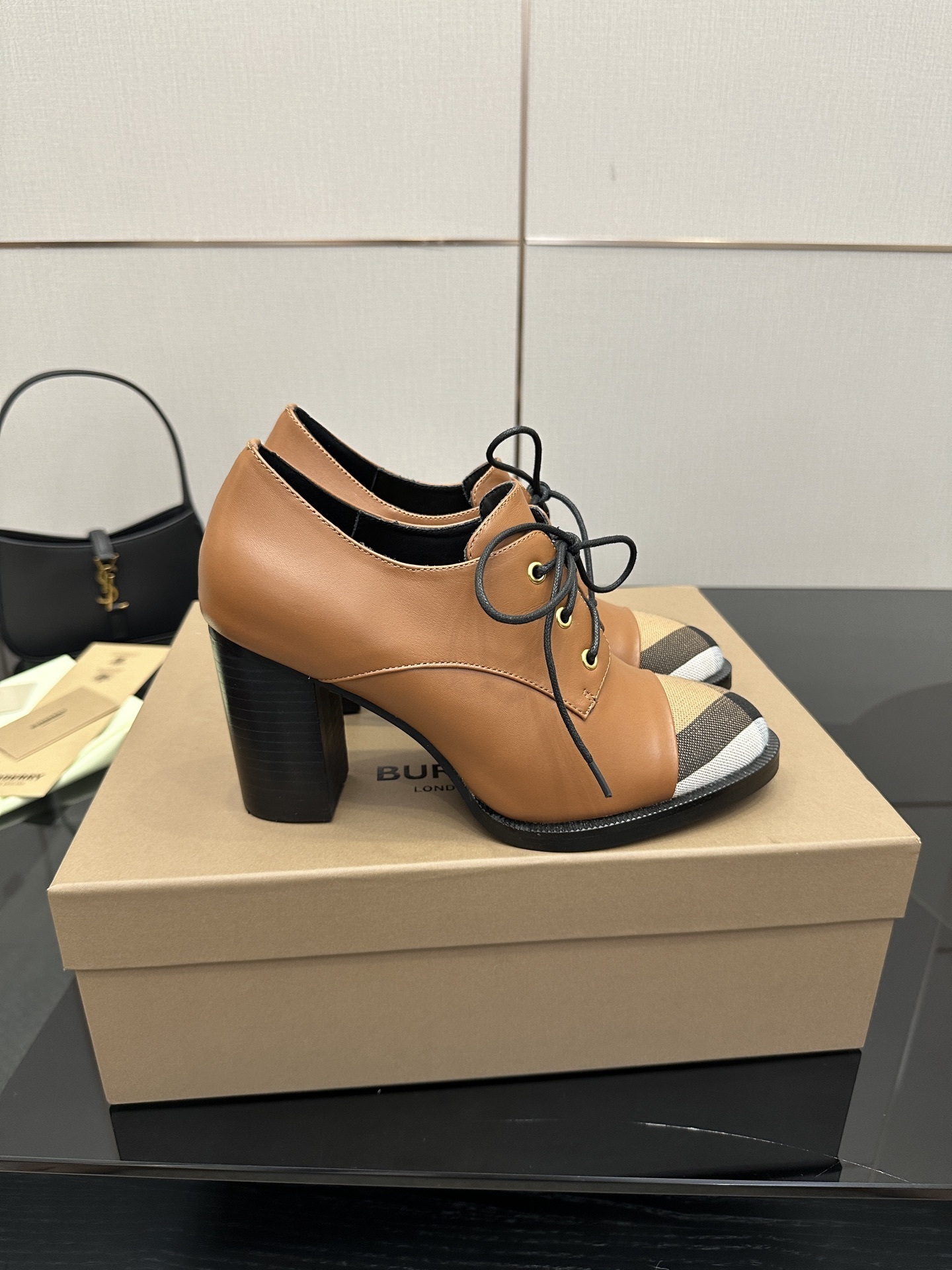 Burberry Vintage Check Cap-Toe Brown Leather Lace-Up Pumps - Image 5