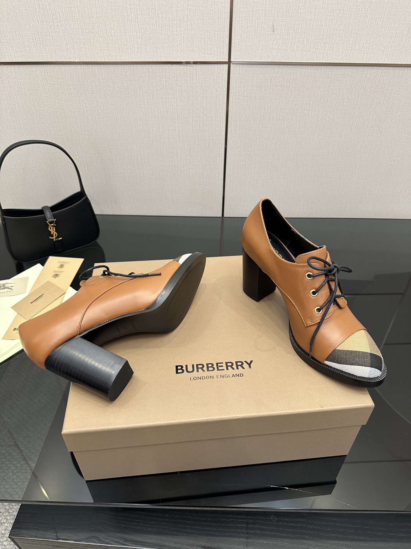 Burberry Vintage Check Cap-Toe Brown Leather Lace-Up Pumps - Image 6