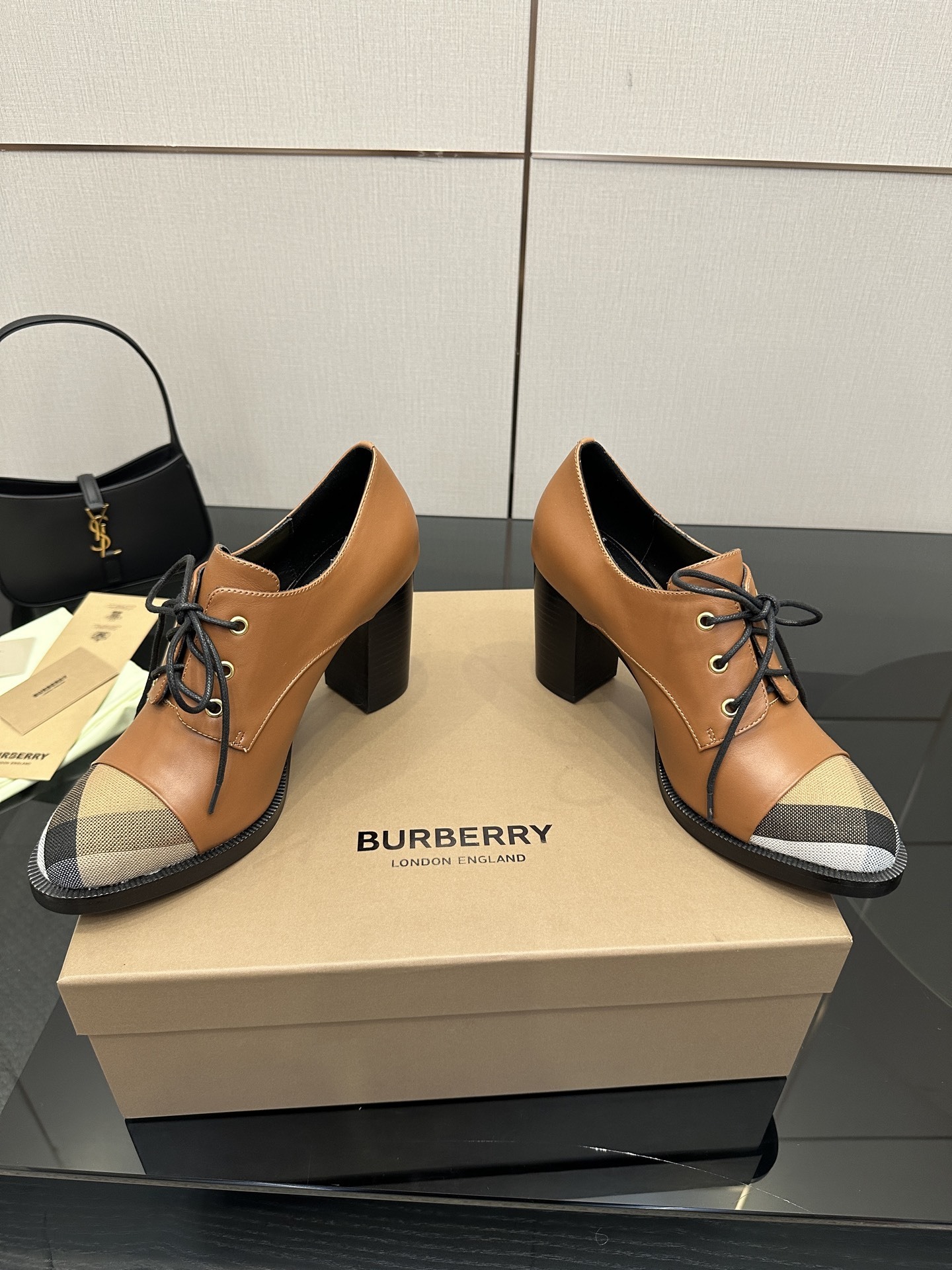 Burberry Vintage Check Cap-Toe Brown Leather Lace-Up Pumps