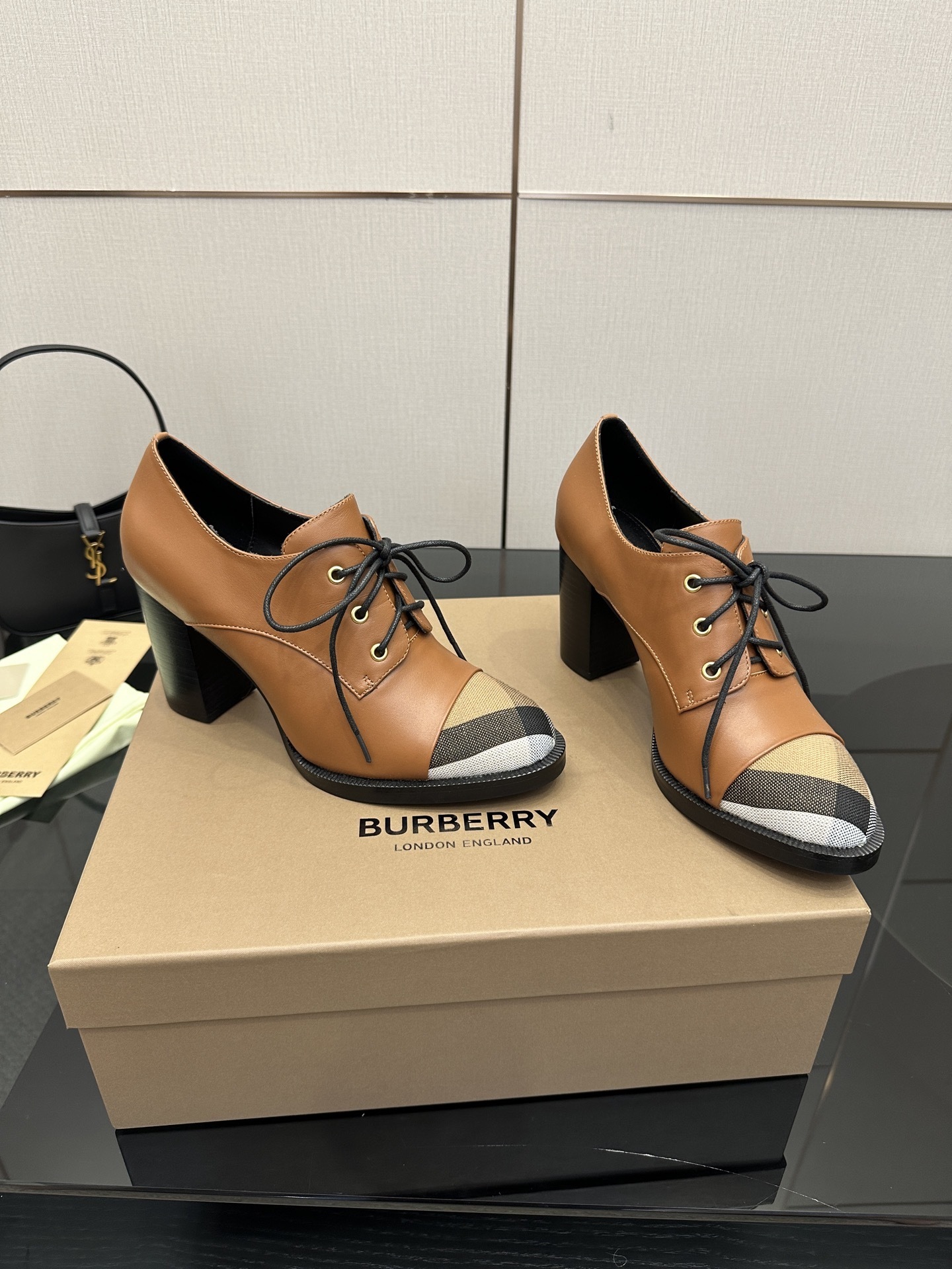 Burberry Vintage Check Cap-Toe Brown Leather Lace-Up Pumps - Image 8