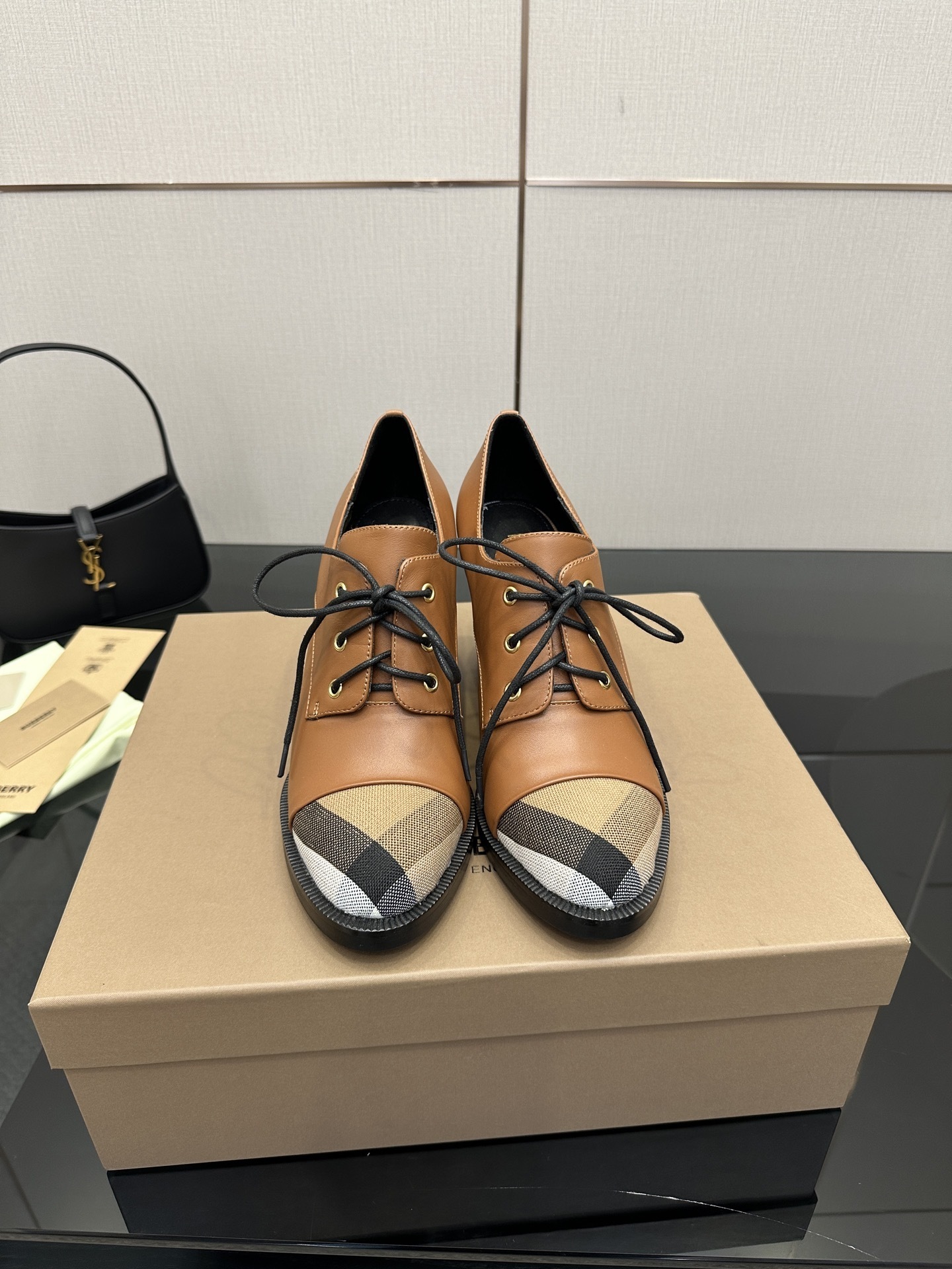 Burberry Vintage Check Cap-Toe Brown Leather Lace-Up Pumps - Image 10
