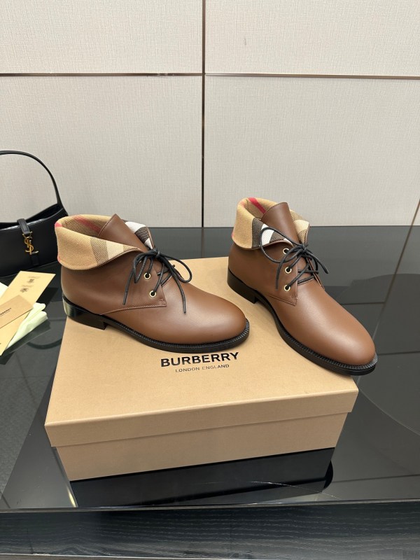 Burberry Vintage Check Fold-Over Brown Leather Ankle Boots