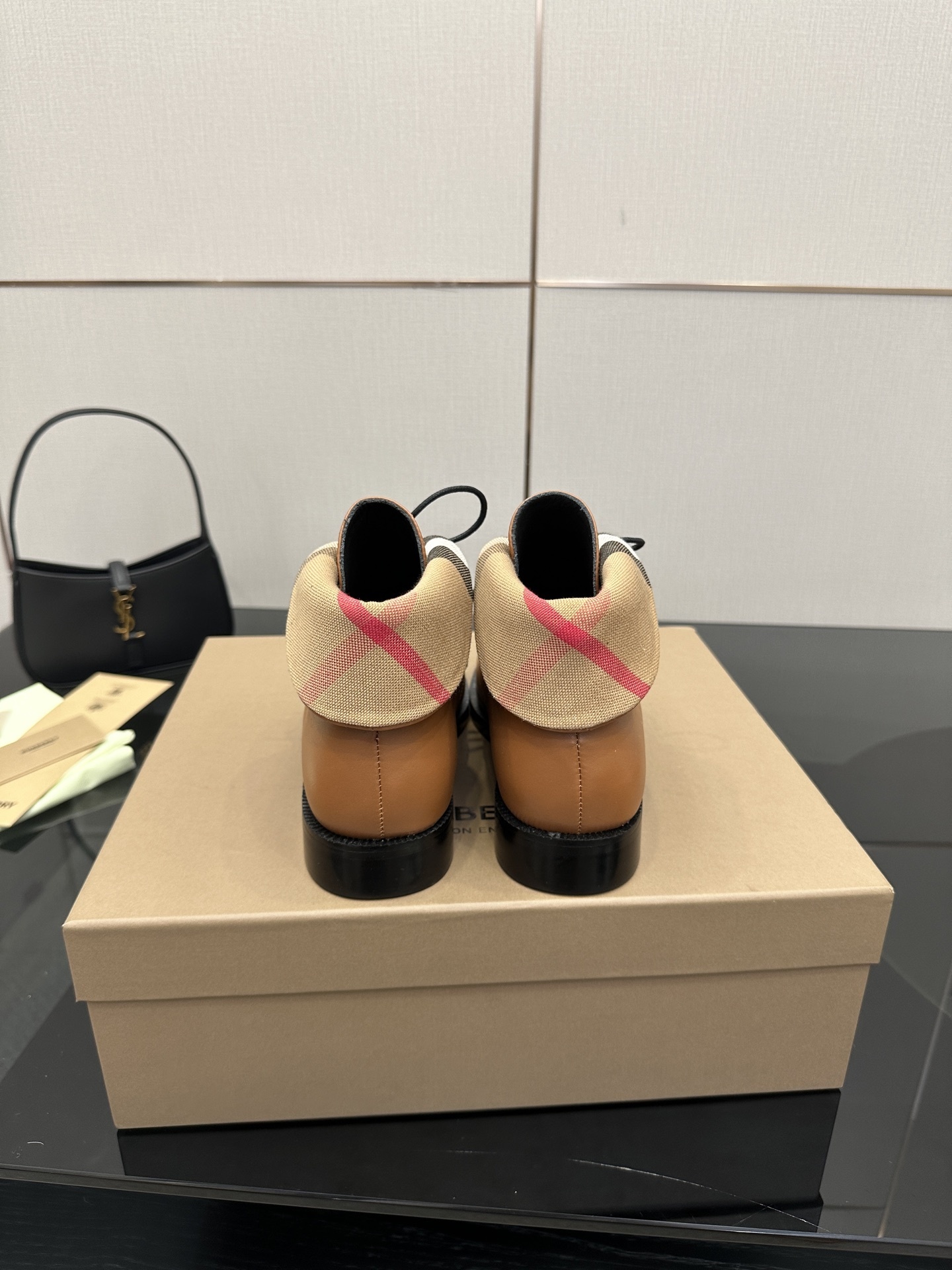 Burberry Vintage Check Fold-Over Tan Leather Ankle Boots - Image 5