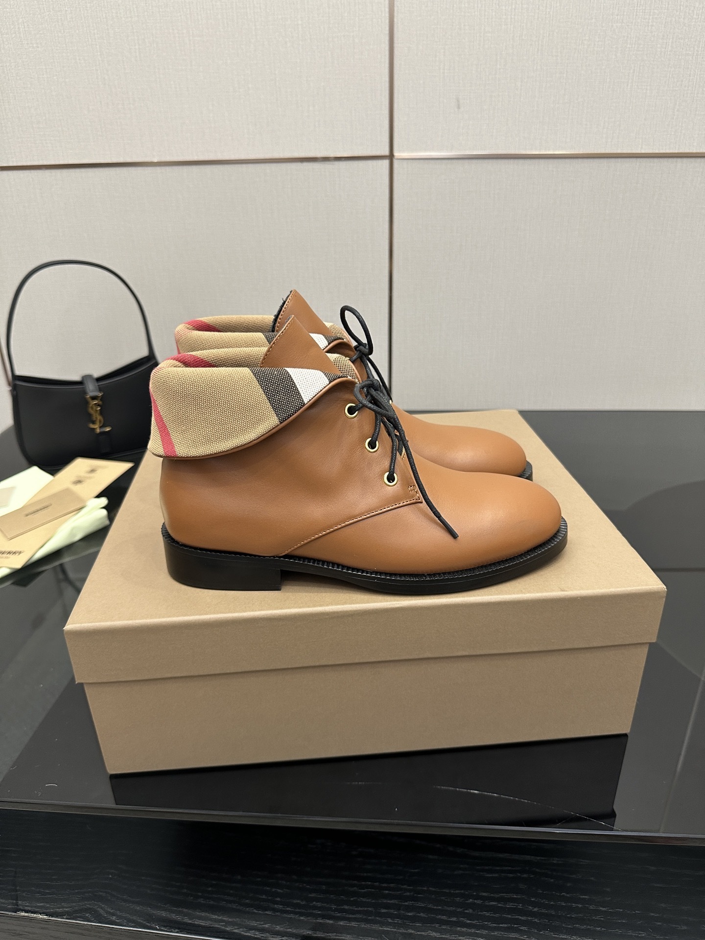 Burberry Vintage Check Fold-Over Tan Leather Ankle Boots - Image 6