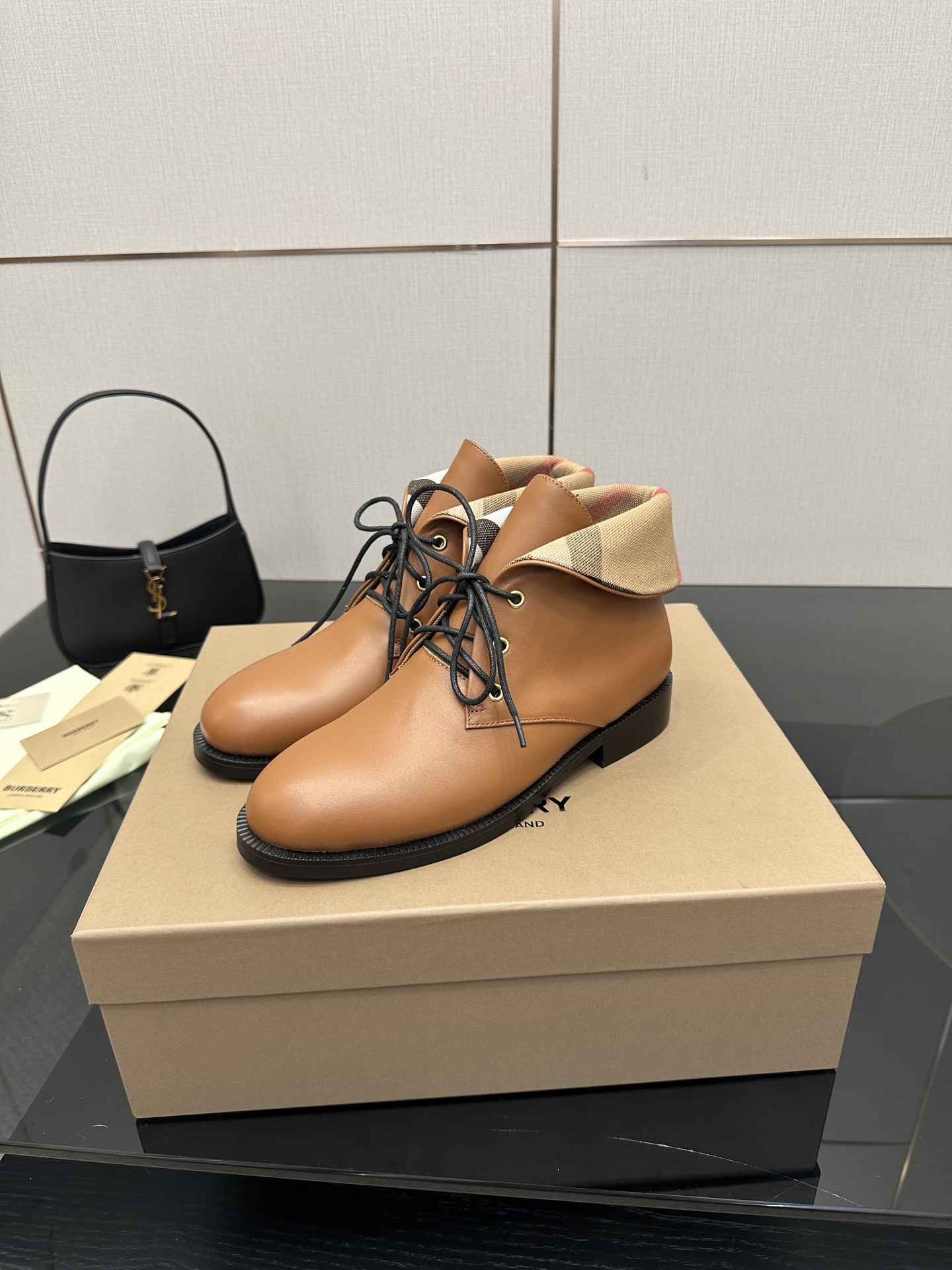 Burberry Vintage Check Fold-Over Tan Leather Ankle Boots - Image 9