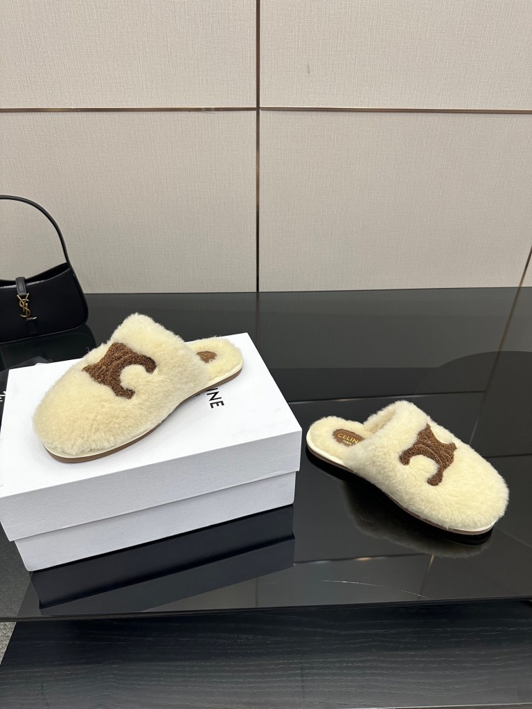 Celine Beige Triomphe Furry Slides