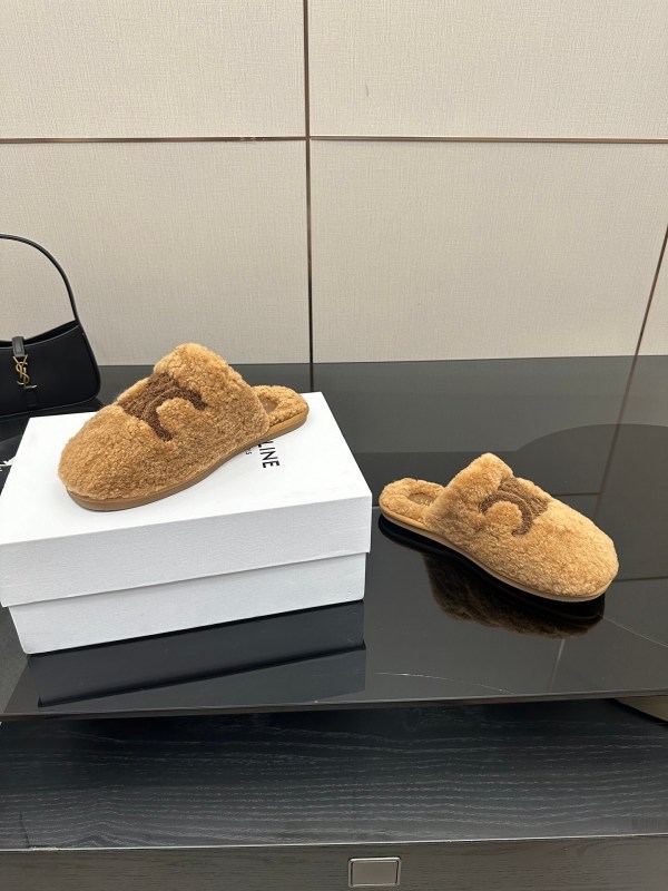 Celine Tan Triomphe Furry Slides