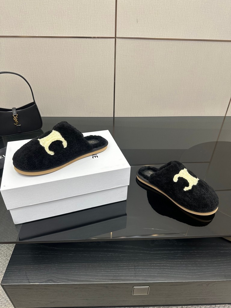 Celine Black Triomphe Furry Slides